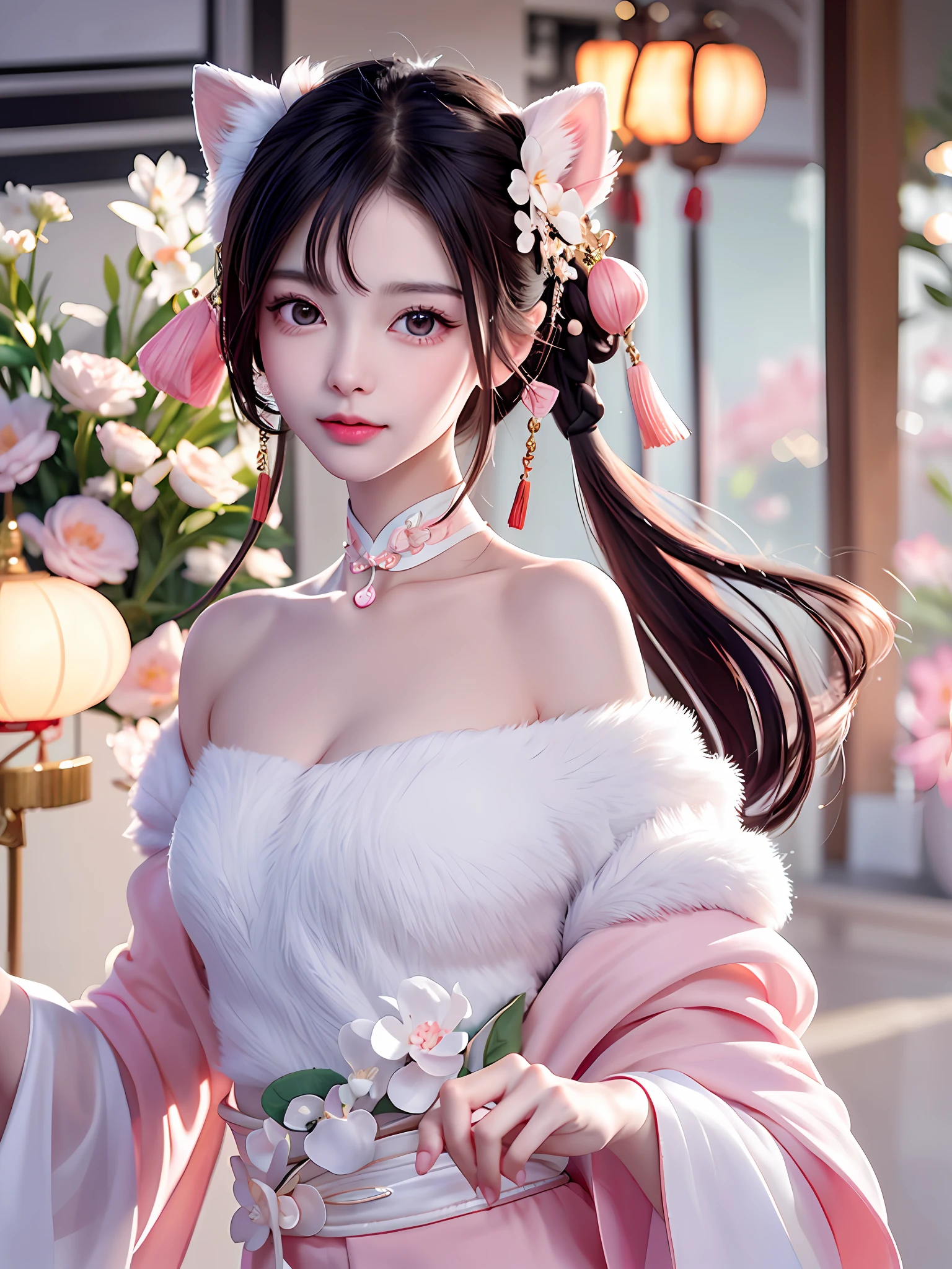 A gentle and lovely Chinese beautiful woman, delicate sexy collarbone, charming goose egg face, double eyelids, smart peach blossom eyes, pink lips, small upturned nose, bare shoulders, focused face, face close-up, ultra HD, super detail, full body photo, ultra-thin light transmission, optimal ratio of four fingers and one thumb, cat ears