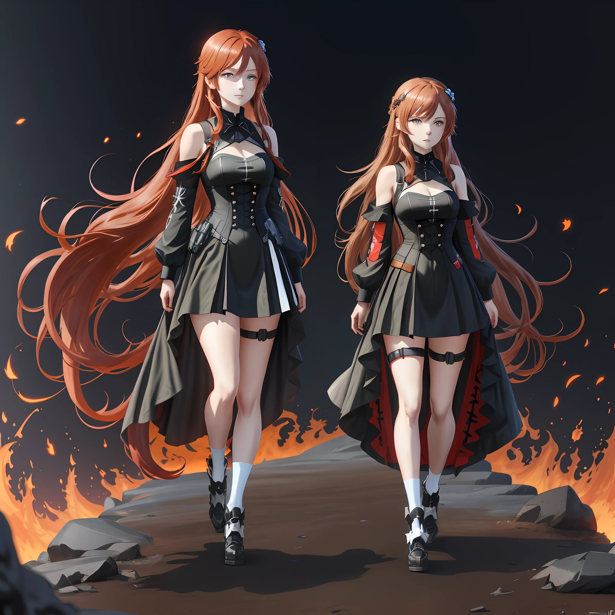 Anime character with long red hair standing in front of a black background, blue eyes, girls frontline, kantai collection style, official character art, girls frontline cg, best anime 4k konachan wallpaper, video game azur lane, girls frontline style, fus rei, azur lane style, official art, anime girl wearing a black dress