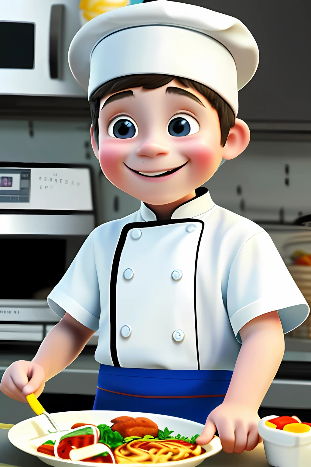 Portrait of a 3-year-old boy in white cook's outfit, chef's hat, half body, looking at the viewer, smiling, chibi style, kitchen scenery, blurry background, depth of field, detailed, cartoon, drawing with strokes of designer alex ross, unreal engine, 8k