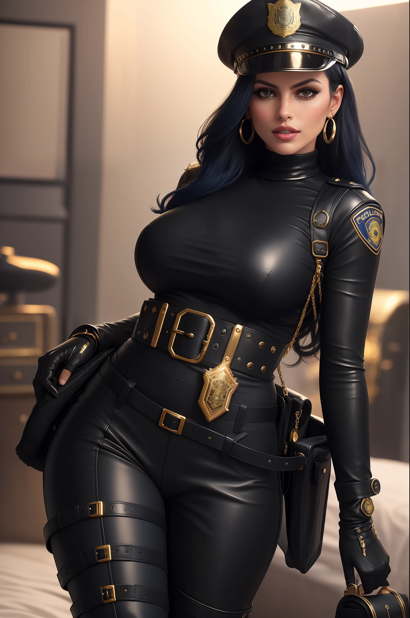eva mendes super sexy, with long black hair at hip height, dressed as an FBI police officer, with cap, red lipstick, wearing sunglasses, sucking on a lollipop, with a sensual expression, in an open police uniform showing her breasts, topless, solo, erotic, obscene, sexy, big tits, sexy belly, ((sexy_pose)) smiling wearing (transparent saree) lying in bed at midnight, full body (city, street, Times Square, long hair, photorealistic, 1girl, fighter, erotic pose, ), best quality, intricate details, looking at the viewer, ultra realistic 8k CG, perfect face, flawless, clean, masterpiece, professional artwork, famous art, cinematic lighting, cinematic flower, perfect face, beautiful face, beautiful eyes, ((perfect female body, narrow waist)), blurred background, boots, breasts, cowboy boots, cowboy, headgear, headband, crowd, depth of field, fingerless gloves, gloves, lacy gloves, large breasts, leather, leather gloves, looking at the viewer, toned body, sunlight, jewelry, (dynamic angle:1.2), (dynamic pose:1.2) lace, fish net, lace trim, hair ornament, gold necklace, earrings, bracelet, armband, ((dark blue hair, blue short-sleeved police uniform, Fitted design, gold trim, brass buttons, double chest, turtleneck, black and gold belt, black leather gloves, police badge, utility belt with pockets, handcuffs, ammunition, blue pants, knee-length black leather boots with gold details, robust and practical design))