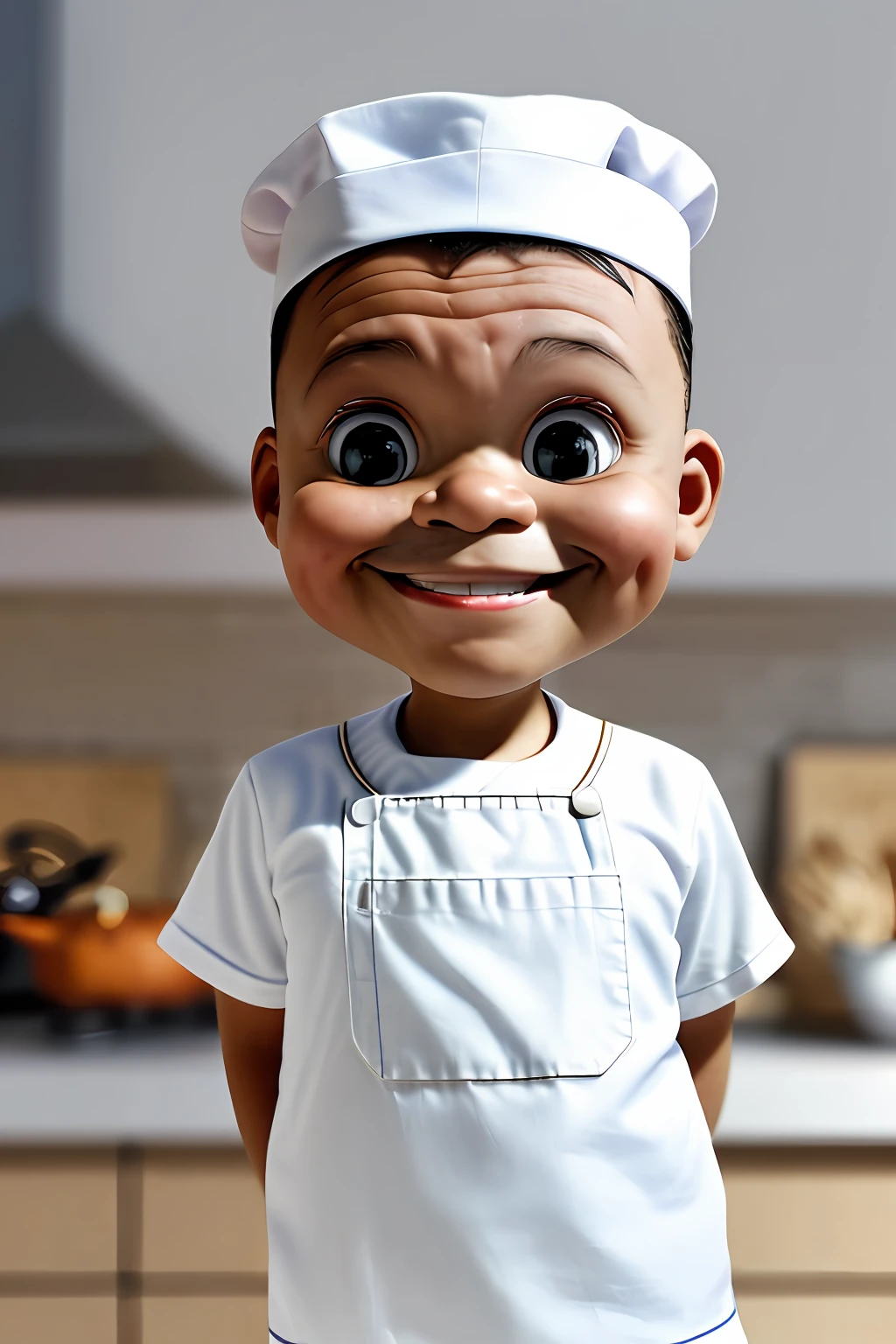 guttonerdvision3, Portrait of a 3--old  in white cook's outfit, chef's hat, half body, looking at the viewer, smiling, chibi style, kitchen setting, blurred background, depth of field, detailed, cartoon, drawing with strokes by designer alex ross, unreal engine, 8k