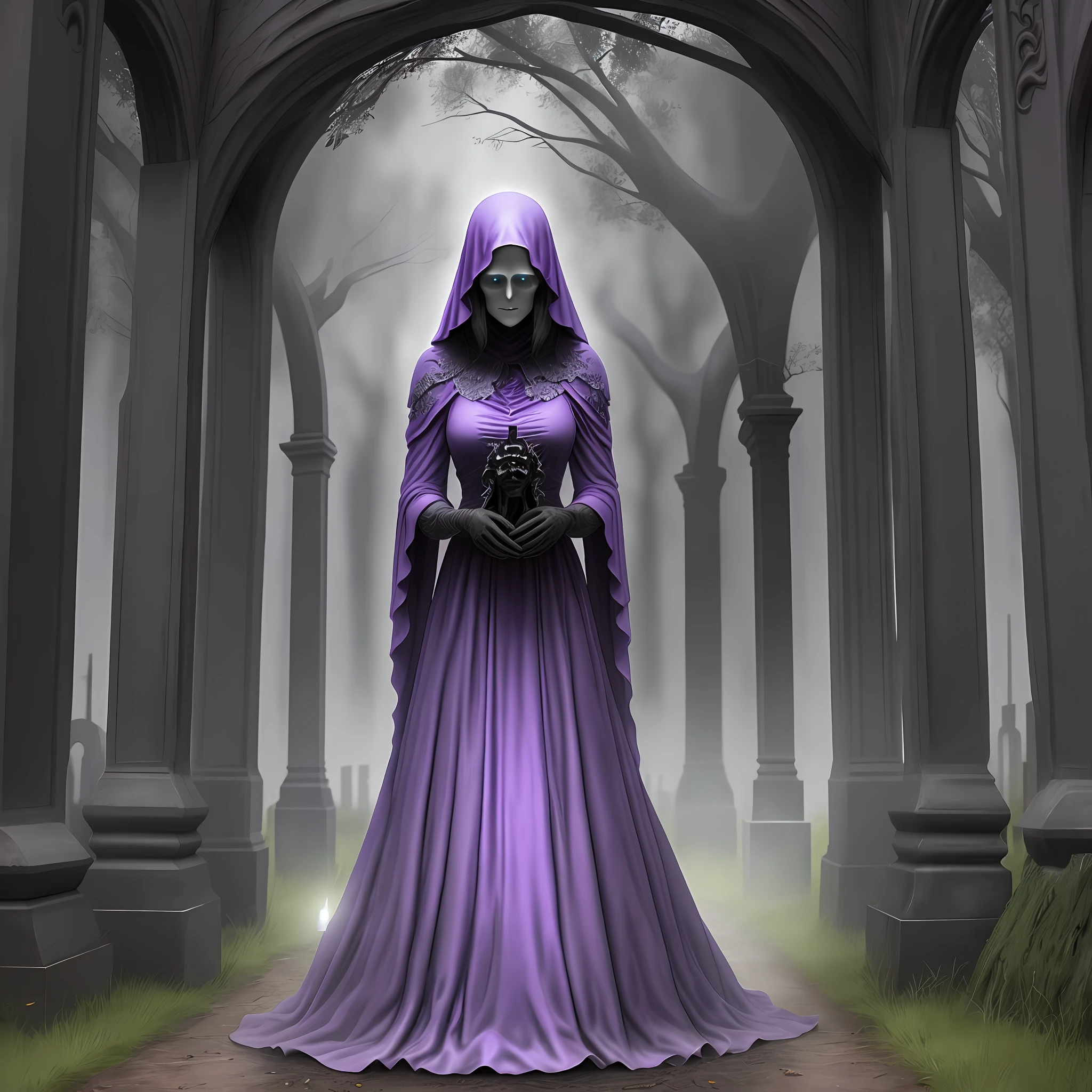 very detailed ghost, transcucent purpleish ghost in a extremely detailed  cemetery, creepy, mysterious, dark scene, mist, HR Giger