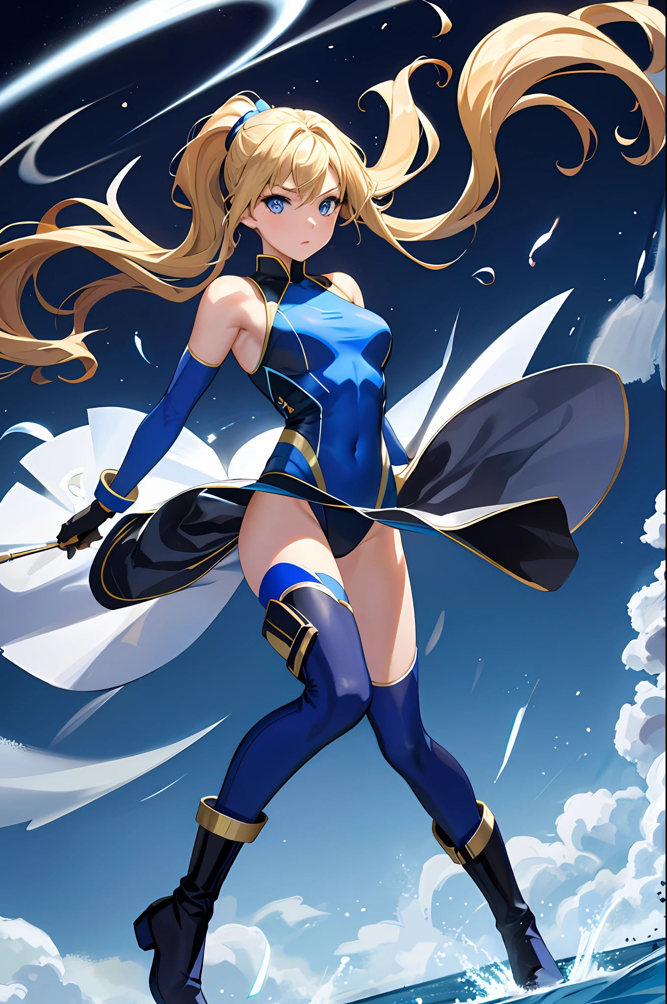 masterpiece, best quality, highres, 1girl, solo, superhero, leotard, bare legs, boots, matching boots, aura, blue aura, sleeveless, gloves, bracelets, matching gloves, looking at viewer, light particles, city backdrop, perfect hands, perfect eyes, powering up, perfect leotard, perfect legs, perfect arms, perfect fingers, blue and white leotard, blonde hair, blue eyes, medium breasts, long hair, spinning, tornado spin, whirlwind, wind particles, light swirls, tornado, hurricane spin, time travel,