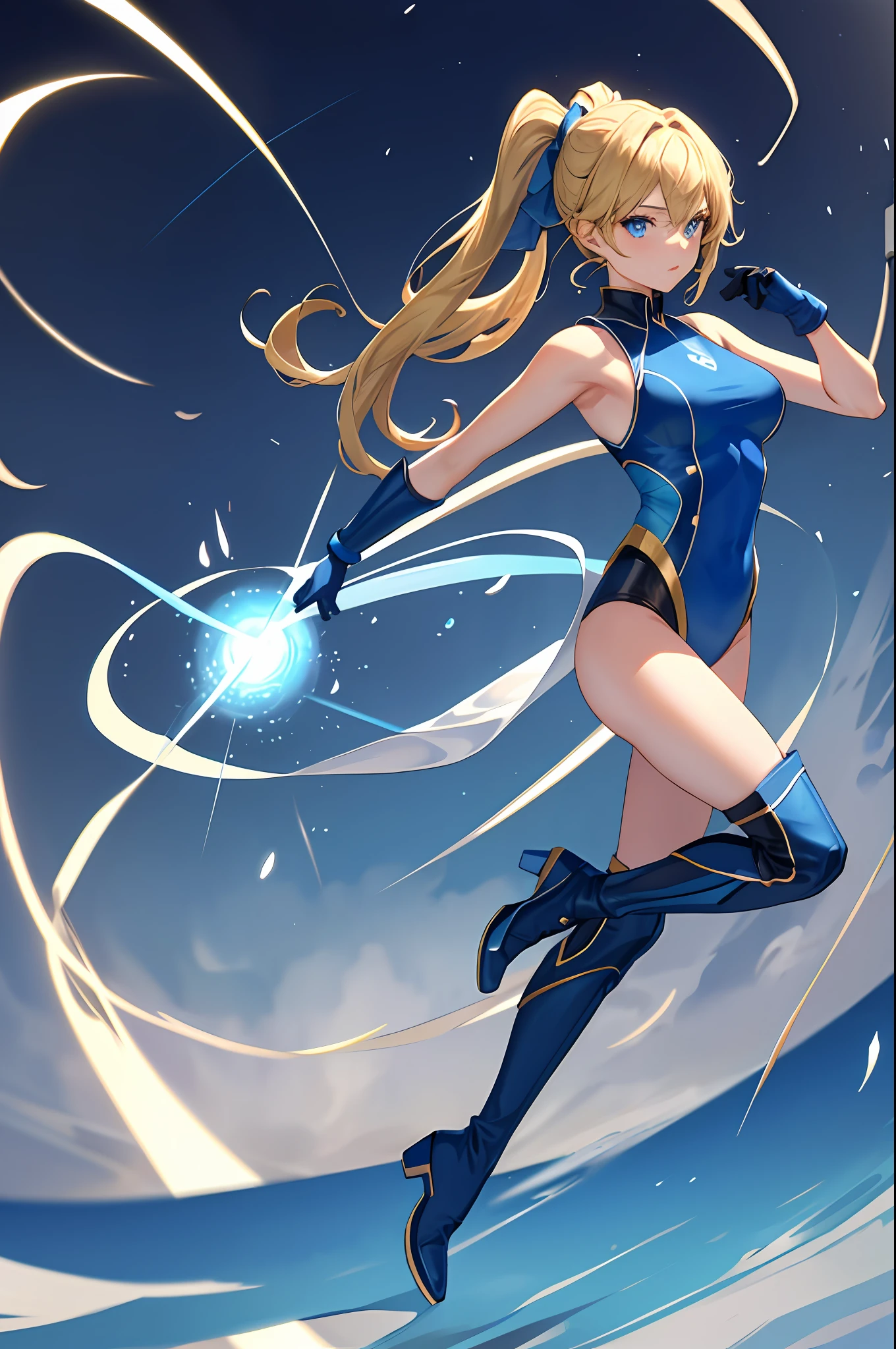 masterpiece, best quality, highres, 1girl, solo, superhero, leotard, bare legs, boots, matching boots, aura, blue aura, sleeveless, gloves, bracelets, matching gloves, looking at viewer, light particles, city backdrop, perfect hands, perfect eyes, powering up, perfect leotard, perfect legs, perfect arms, perfect fingers, blue and white leotard, blonde hair, blue eyes, medium breasts, long hair, spinning, tornado spin, whirlwind, wind particles, light swirls, tornado, hurricane spin, time travel,
