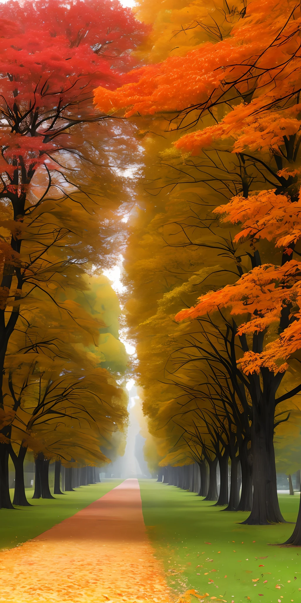 Generate an image of a landscape with trees full of colorful leaves. The camera angle should be from the front, highlighting the trees in the foreground. Focus on the leaves in shades of red, orange and yellow. Center the image to emphasize the beauty of the featured trees. The desired style is a realistic style, with defined lines for the shapes of the trees and details on the leaves. The image should be in black and white, with no colors, with banchs, impressionism style, Monet Style.