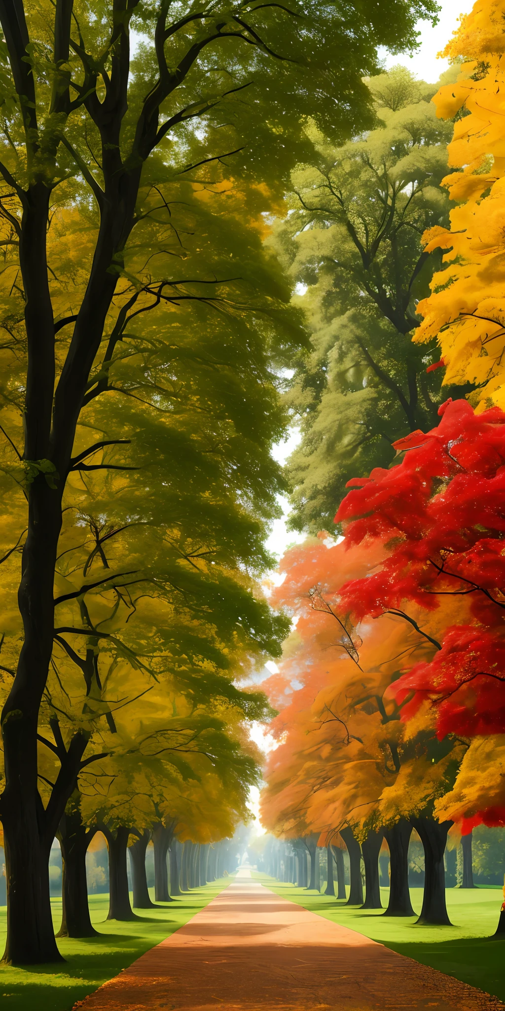Generate an image of a landscape with trees full of colorful leaves. The camera angle should be from the front, highlighting the trees in the foreground. Focus on the leaves in shades of red, orange and yellow. Center the image to emphasize the beauty of the featured trees. The desired style is a realistic style, with defined lines for the shapes of the trees and details on the leaves. The image should be in black and white, with no colors, with banchs, impressionism style, Monet Style.