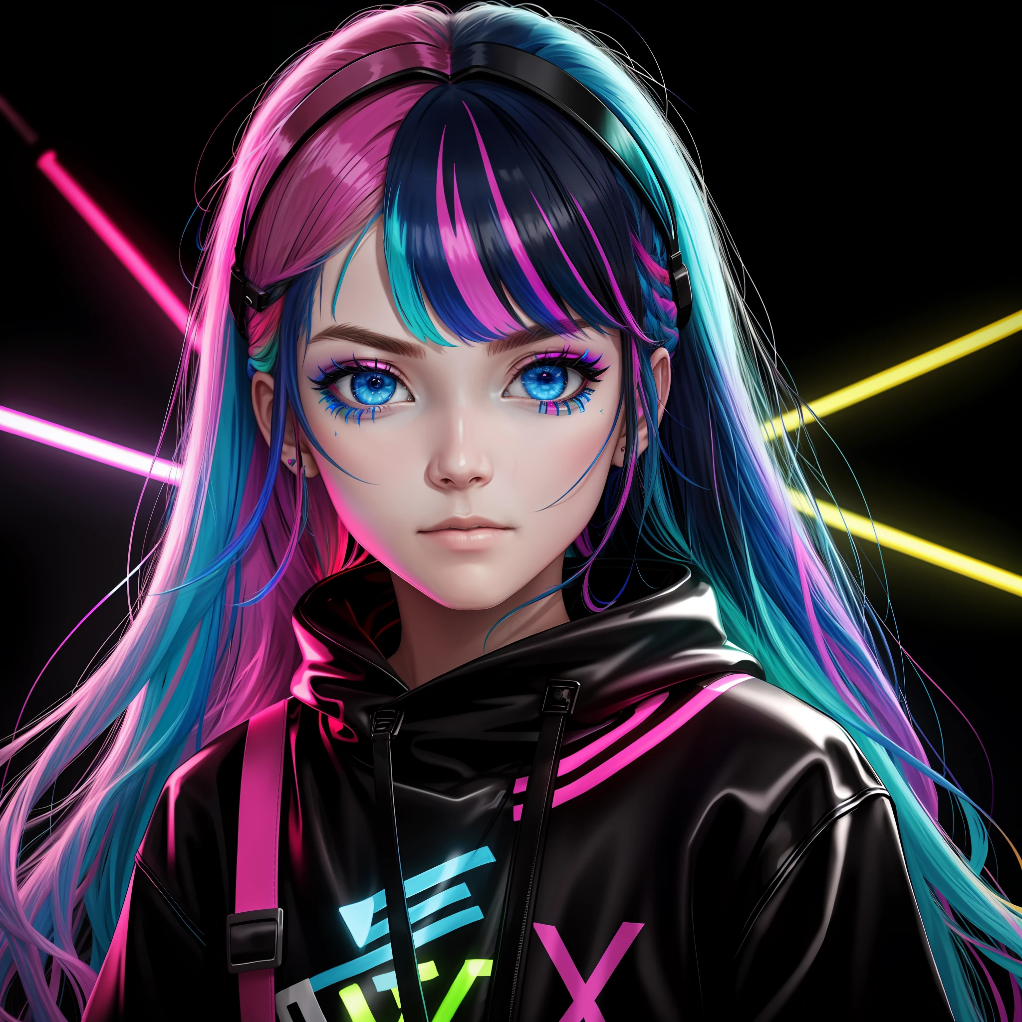 masterpiece, best quality, rainbow_hair, outlaw, blue_eyes, night, neon_lights, blacklight, at a club, solo, face_focus,