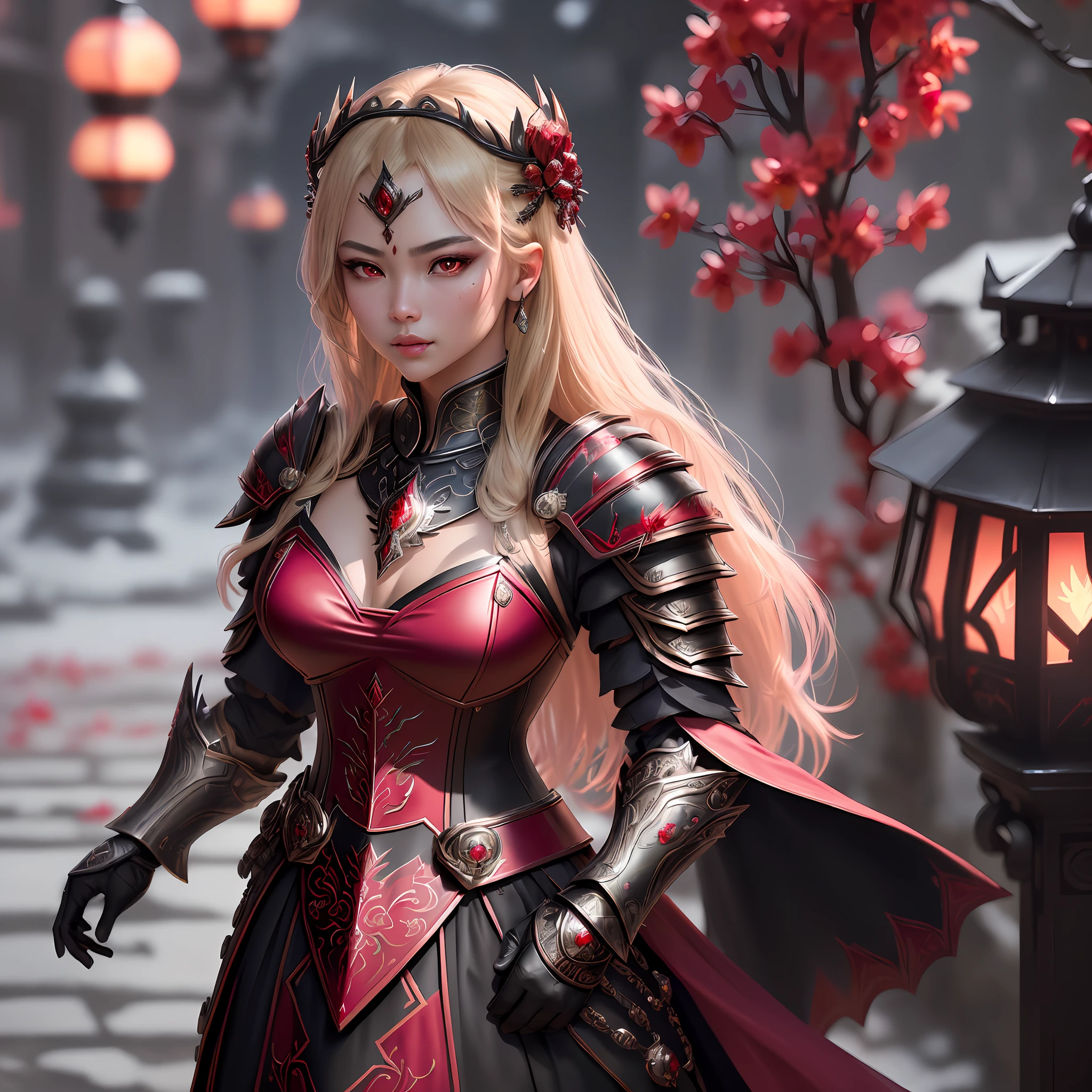 style, ((intricate details)), full torso, cold lighting, beautiful, (evil princess), (blonde hair), (((ornate and shy ice fragment armor)), (intricate toothed red obsidian crown), dynamic pose, disheveled hair, perfect face, (realistic eyes), round iris, (((red eyes))), perfect eyes, intricate, complex, sharp focus, studio photo, intricate details, highly detailed, sharp, perfect lighting, Masterpiece, detailed background, cinematic lighting, 8k ((8k portrait of beautiful mixed asian woman, side profile, masterpice, side lighting)), long hair, detailed light samurai armor, (((blood red armor, black interior)), cinematic lighting, cherry blossoms, ashes, melancholy, award-winning photography, Popular on Deviant Art, Best of ArtStation, by WLOP, outdoor, oriental lighting sexy pink mouth thick lips