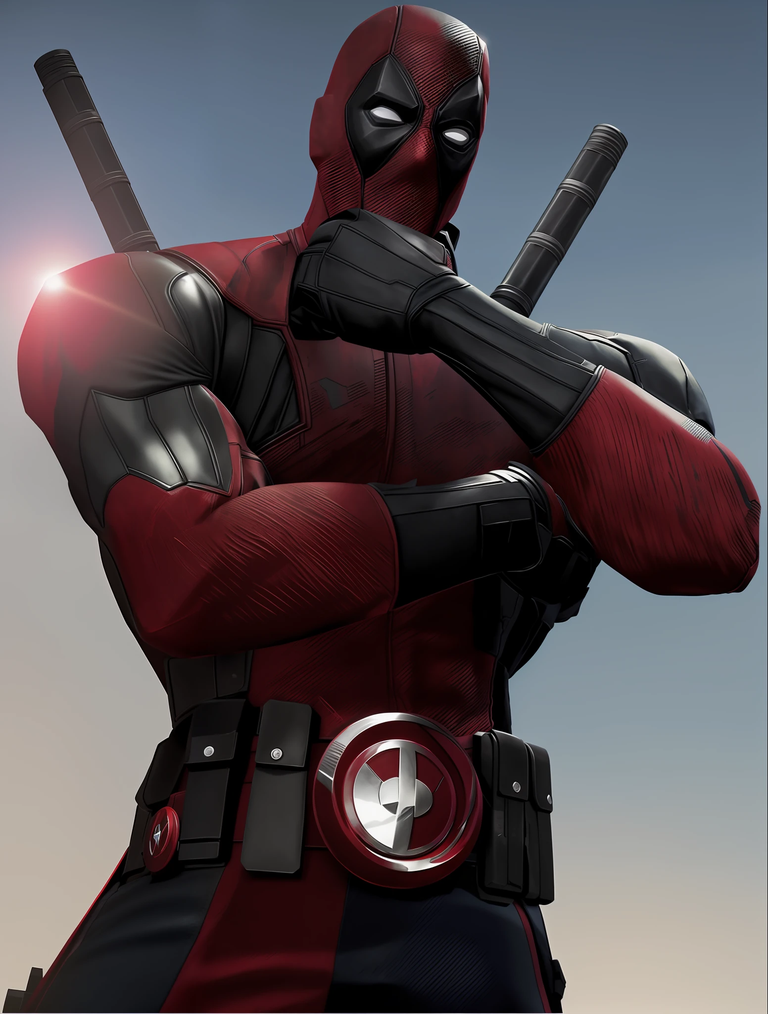 deadpool is posing, deadpool, portrait of deadpool, high detail iconic character, deadpool live action costume, ryan reynolds dead pool, mandalorian deadpool, menacing pose, hyperrealistic image of x, ryan gosling as deadpool, sfm render, rendered in sfm, marvel character, hero, sfm, inspired by Paul Kane, fighting game character