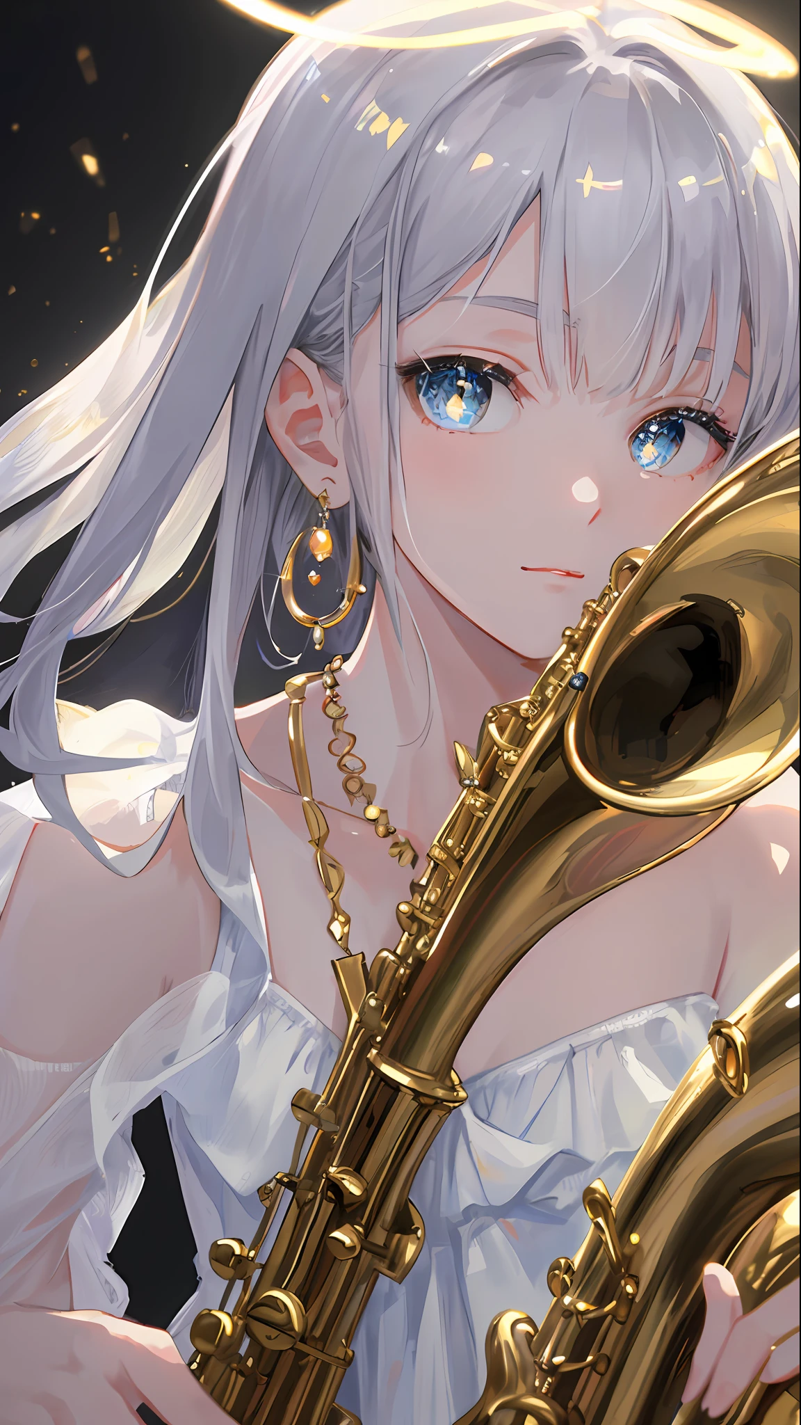 Masterpiece, Superb Painting, Illustration, Saxophone, Platinum Earrings, Platinum Necklace, White Dress, 1girl, Cute, (Dynamic Light: 1.2), Cinematic Light, Delicate Facial Features, Detailed Eyes, Sharp Pupils, Realistic Pupils, Depth of Field, Background Bokee, Clear Focus, (Ultra Detail, Halo, Glow: 1.4), Many Small Gems