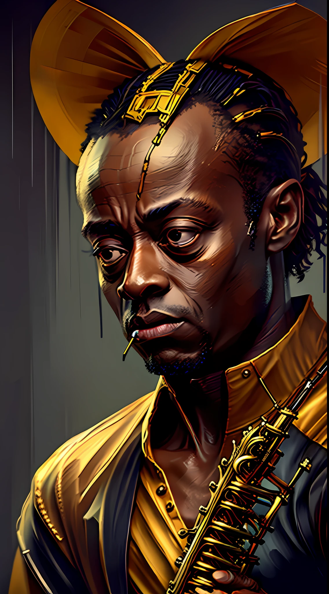 miles davis playing, an man, oil on canvas, masterpiece, trending on artstation, featured on pixiv, cinematic composition, dramatic pose, beautiful lighting, sharp, details, hyper - detailed, hd