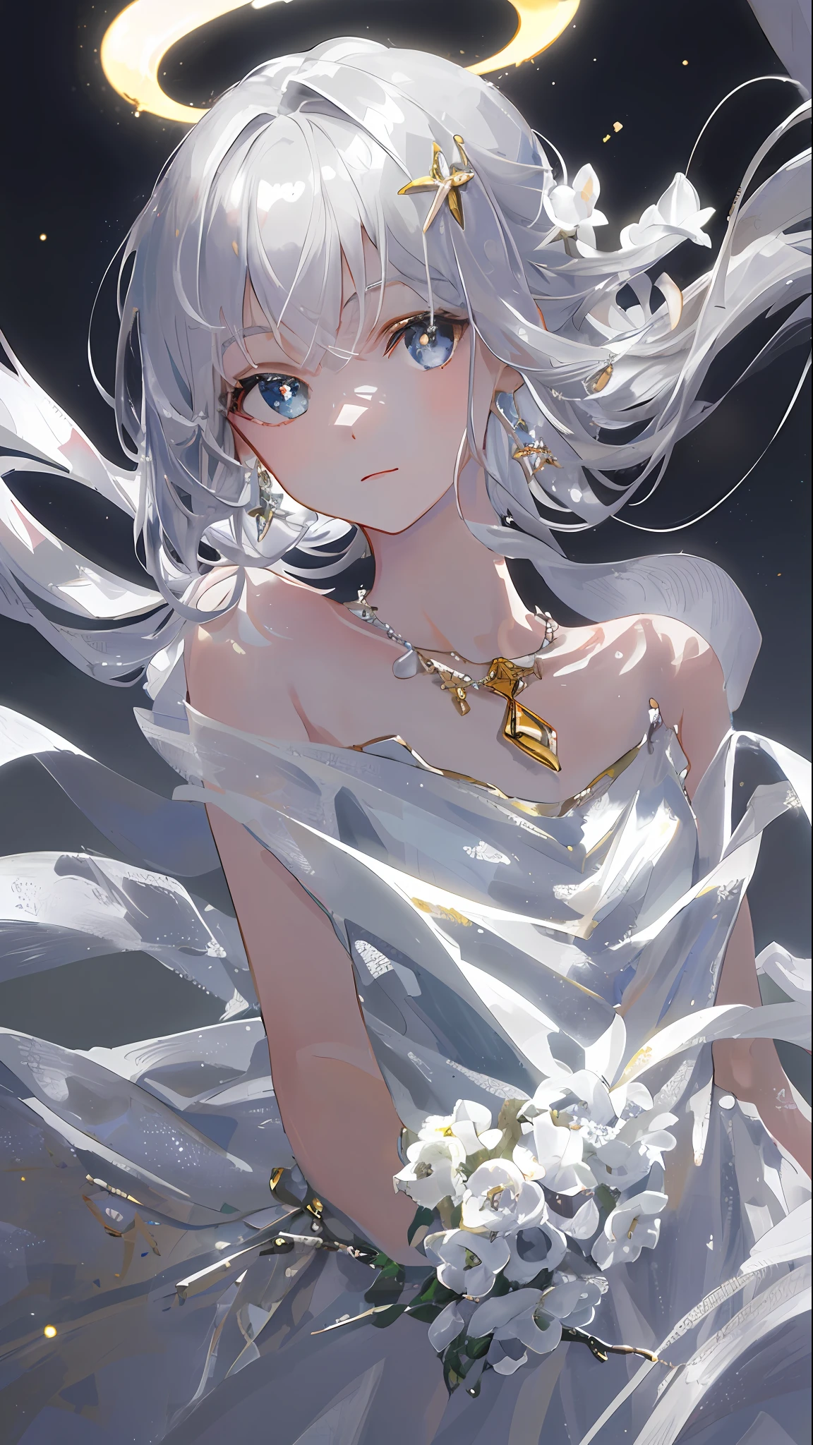 Masterpiece, Superb Painting, Saxophone Silver, Platinum Earrings, Platinum Necklace, White Dress, 1girl, Cute, (Dynamic Light: 1.2), Cinematic Light, Delicate Facial Features, Detailed Eyes, Sharp Pupils, Realistic Pupils, Depth of Field, Background Bokeh, Clear Focus, (Ultra Detail, Halo, Glow: 1.4), Many Small Gems