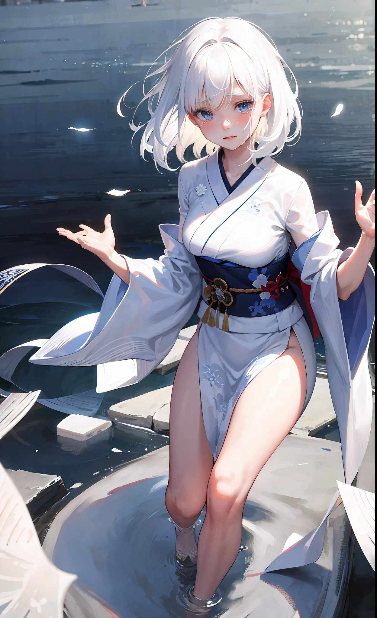Young, beautiful and cute, fiction, white hair stunned, crying, wearing stylish kimono, medium hair, super realistic, extremely detailed, 8k, blue battle kimono, ice tattoo on arm, crying, sad, white eyes, realistic, young realist