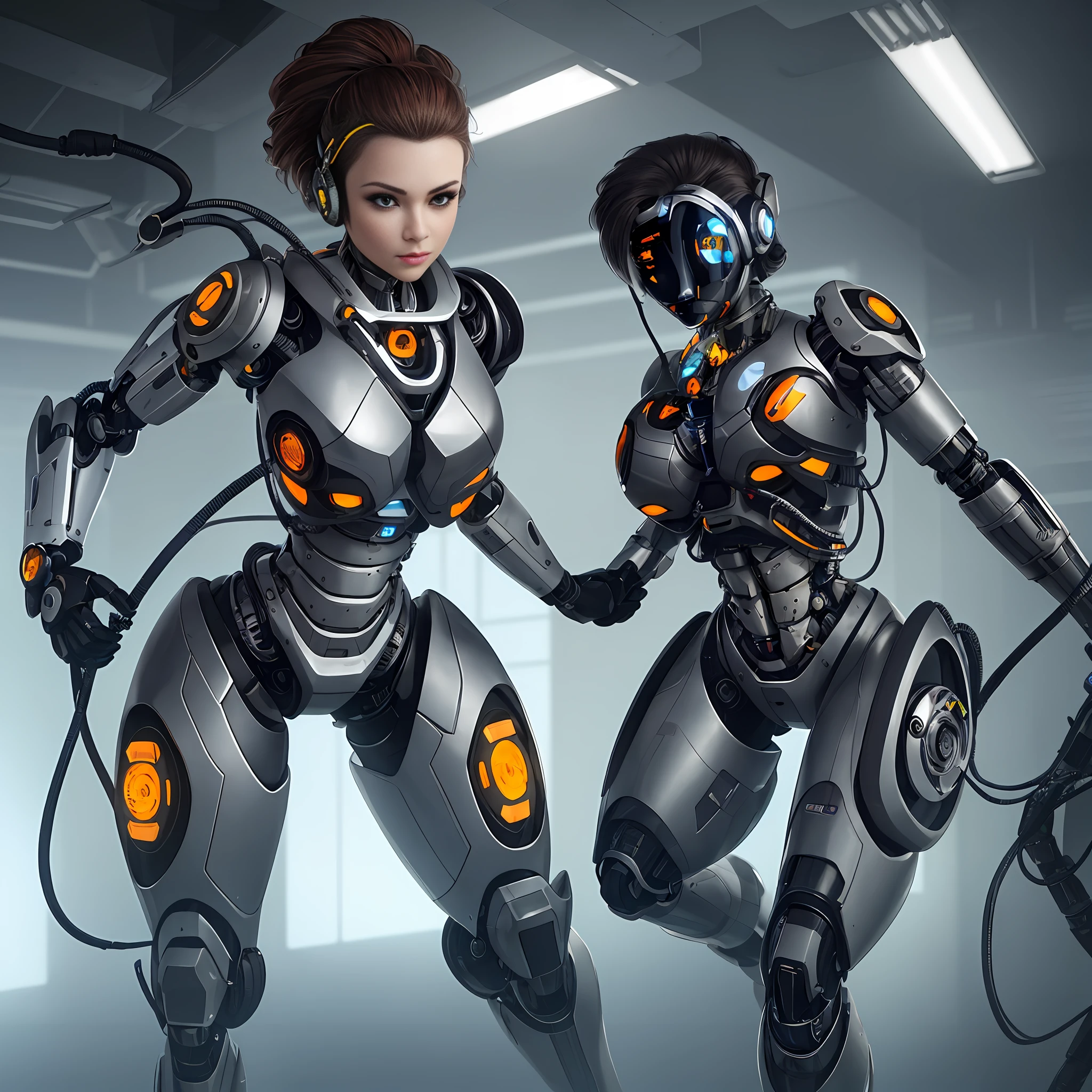 there are two robots that are standing next to each other, diverse cybersuits, cybersuits, cyborgs working, sci-fi android female, beautiful robot character design, robot cyborgs, beutiful girl cyborg, cute cyborg girl, inspired by Marek Okon, female cyborg, girl in mecha cyber armor, young lady cyborg, cyborg girl