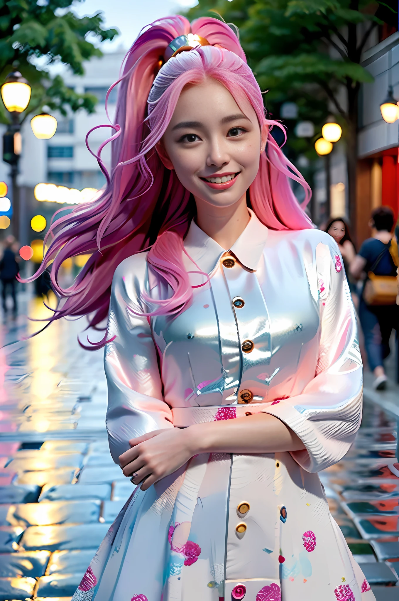 (8k, highest quality, masterpiece: 1.2), (realistic, photorealistic: 1.37), ultra detail, top quality, ultra high resolution, professional lighting, photon mapping, radiosity, physically based rendering, cinematic lighting, pedestrian mall, depth of field in rain, sharp focus, sun rays, good composition, (bokeh: 1.2) 1 Girl,Solo,( Close-up view),Beautiful detailed eyes, smile, posing, thin waist, medium bust, (random colorful clothes),pink hair,unkempt hair,ponytail fluttering in the wind (ulzzang-6500:1.2)