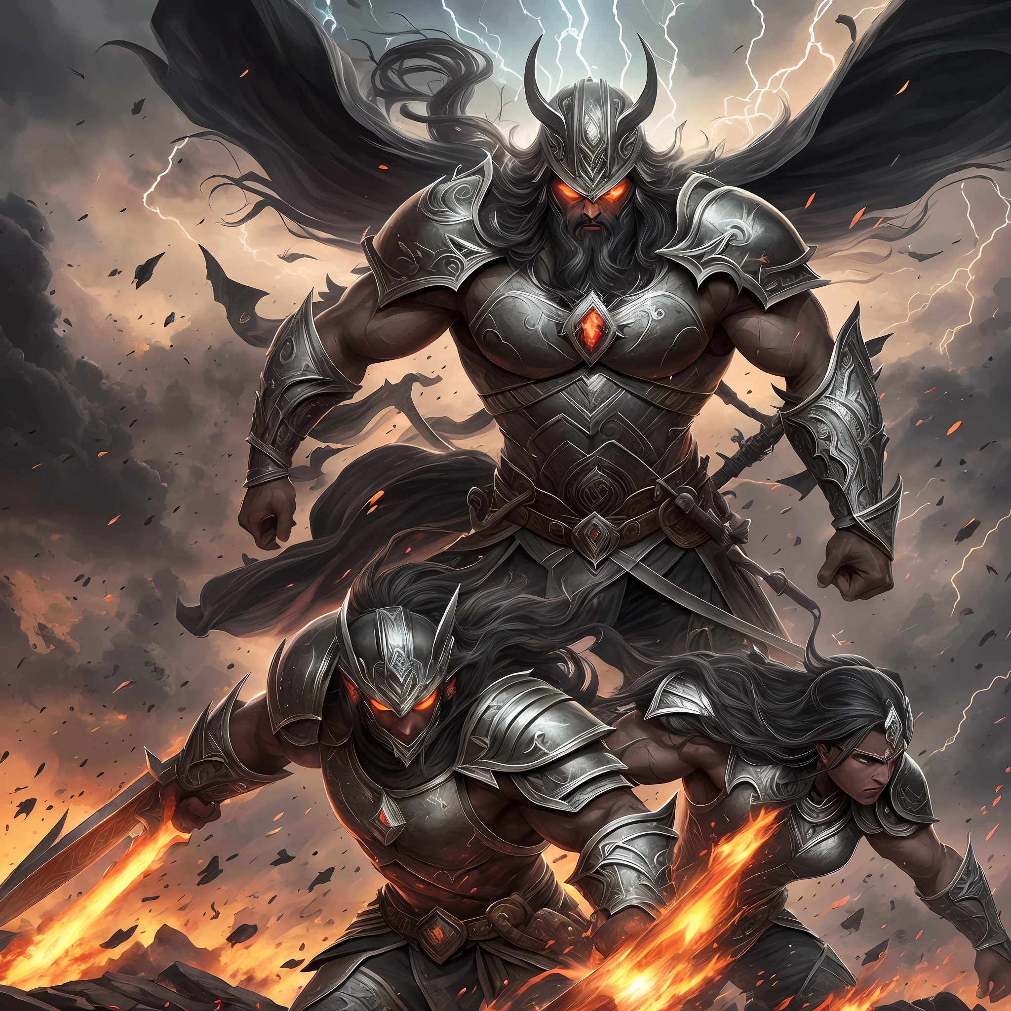 "I am looking for an exciting illustration for Chapter 9: The Battle for the Land of the Varnathi Warrior. In this chapter, the Varnathi Warriors find themselves in an epic battle to protect Earth from the evil that threatens to consume the world. The scene takes place on a devastated battlefield, with the skies darkened by stormy clouds and lightning bolts that illuminate the landscape.

I would like the illustration to depict the intensity of the battle, with the Varnathi Warriors leading the front line against the forces of evil. They must be in combat positions, displaying determined and courageous expressions. Their armor and weapons should be detailed, demonstrating their strength and skill as warriors.

Around the Varnathi Warriors, I would like to see the sinister enemies they face. It could be a horde of shadowy creatures, giant monsters, or even mystical beings. These enemies should be portrayed with a menacing appearance, highlighting their evil nature and the imminent danger they pose.

The atmosphere of the illustration should be charged with tension and emotion, with elements such as smoke, explosions and debris adding dynamism to the scene. The stormy skies can represent the magnitude of the battle and the importance of the confrontation to the fate of the Earth.

It is important that the illustration conveys the determination and courage of the Varnathi Warriors as well as the magnitude of the threat they face. The graphic quality should be high, with sharp details and vivid colors to highlight the elements of the battle.
