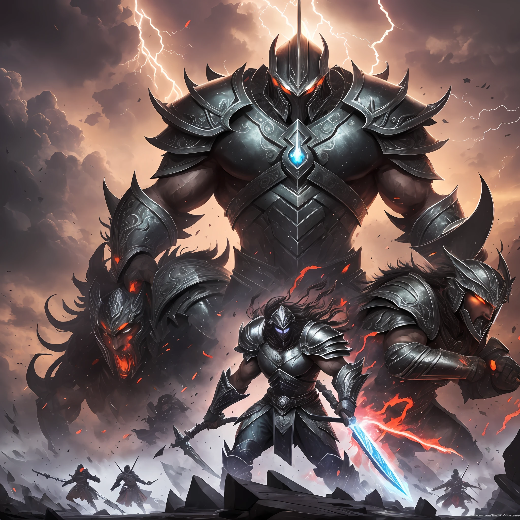 "I am looking for an exciting illustration for Chapter 9: The Battle for the Land of the Varnathi Warrior. In this chapter, the Varnathi Warriors find themselves in an epic battle to protect Earth from the evil that threatens to consume the world. The scene takes place on a devastated battlefield, with the skies darkened by stormy clouds and lightning bolts that illuminate the landscape.
I would like the illustration to depict the intensity of the battle, with the Varnathi Warriors leading the front line against the forces of evil. They must be in combat positions, displaying determined and courageous expressions. Their armor and weapons should be detailed, demonstrating their strength and skill as warriors.
Around the Varnathi Warriors, I would like to see the sinister enemies they face. It could be a horde of shadowy creatures, giant monsters, or even mystical beings. These enemies should be portrayed with a menacing appearance, highlighting their evil nature and the imminent danger they pose.
The atmosphere of the illustration should be charged with tension and emotion, with elements such as smoke, explosions and debris adding dynamism to the scene. The stormy skies can represent the magnitude of the battle and the importance of the confrontation to the fate of the Earth.
It is important that the illustration conveys the determination and courage of the Varnathi Warriors as well as the magnitude of the threat they face. The graphic quality should be high, with sharp details and vivid colors to highlight the elements of the battle.