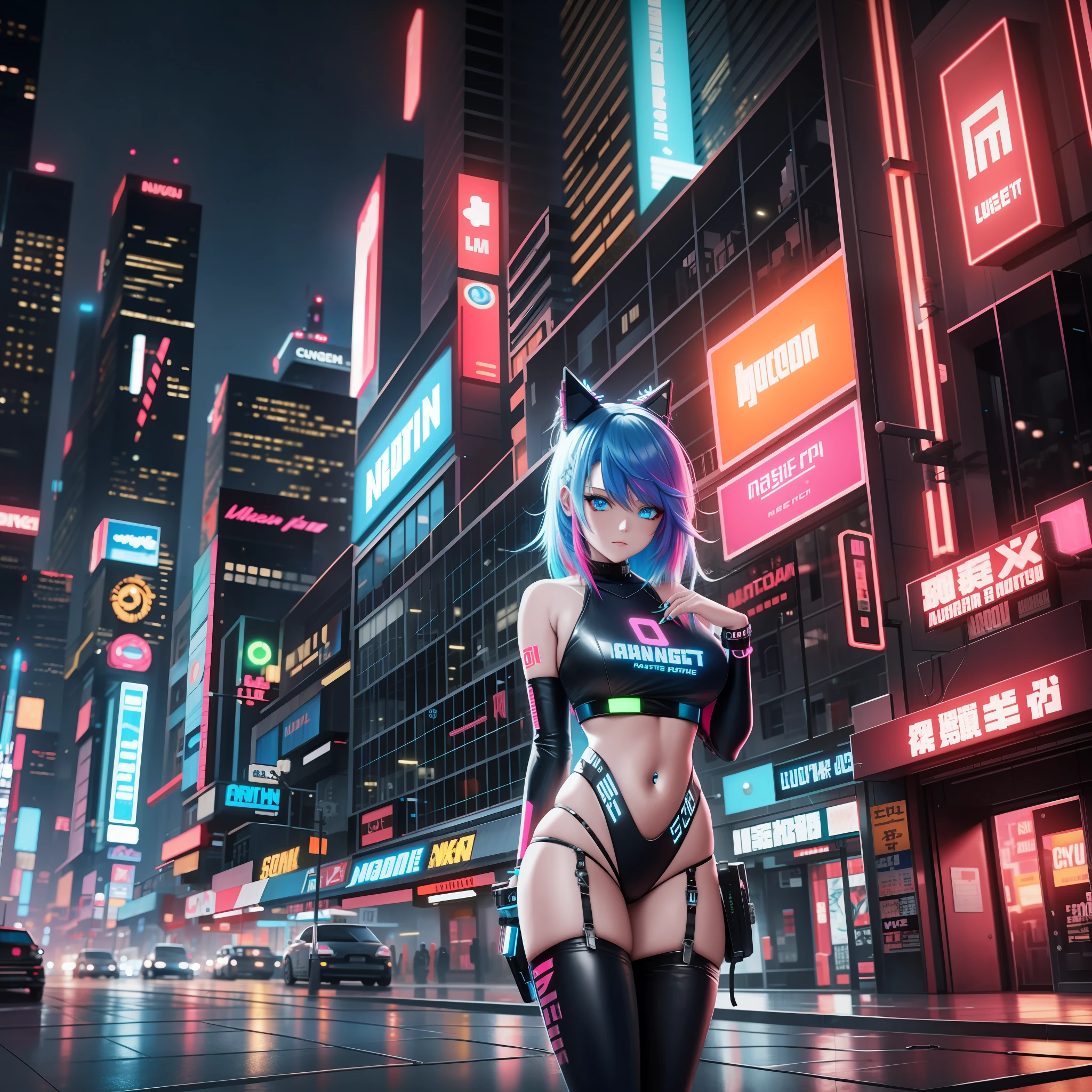 masterpiece, best quality, neon hair, outlaw, blue_eyes, night, neon_lights, abandoned night city, full body, solo, sexy girl, cyberpunk