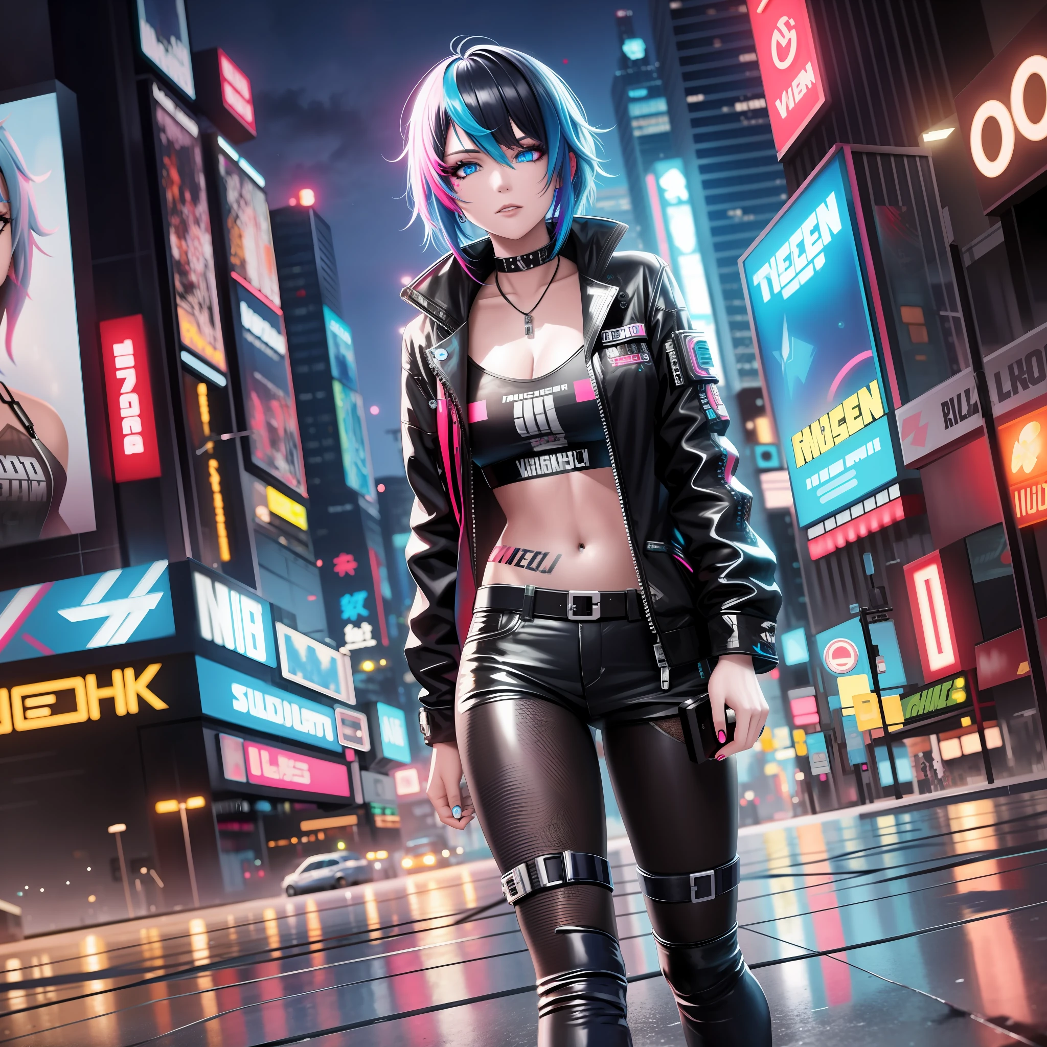 masterpiece, best quality, neon hair, outlaw, blue_eyes, night, neon_lights, abandoned night city, full body, solo, sexy girl, cyberpunk