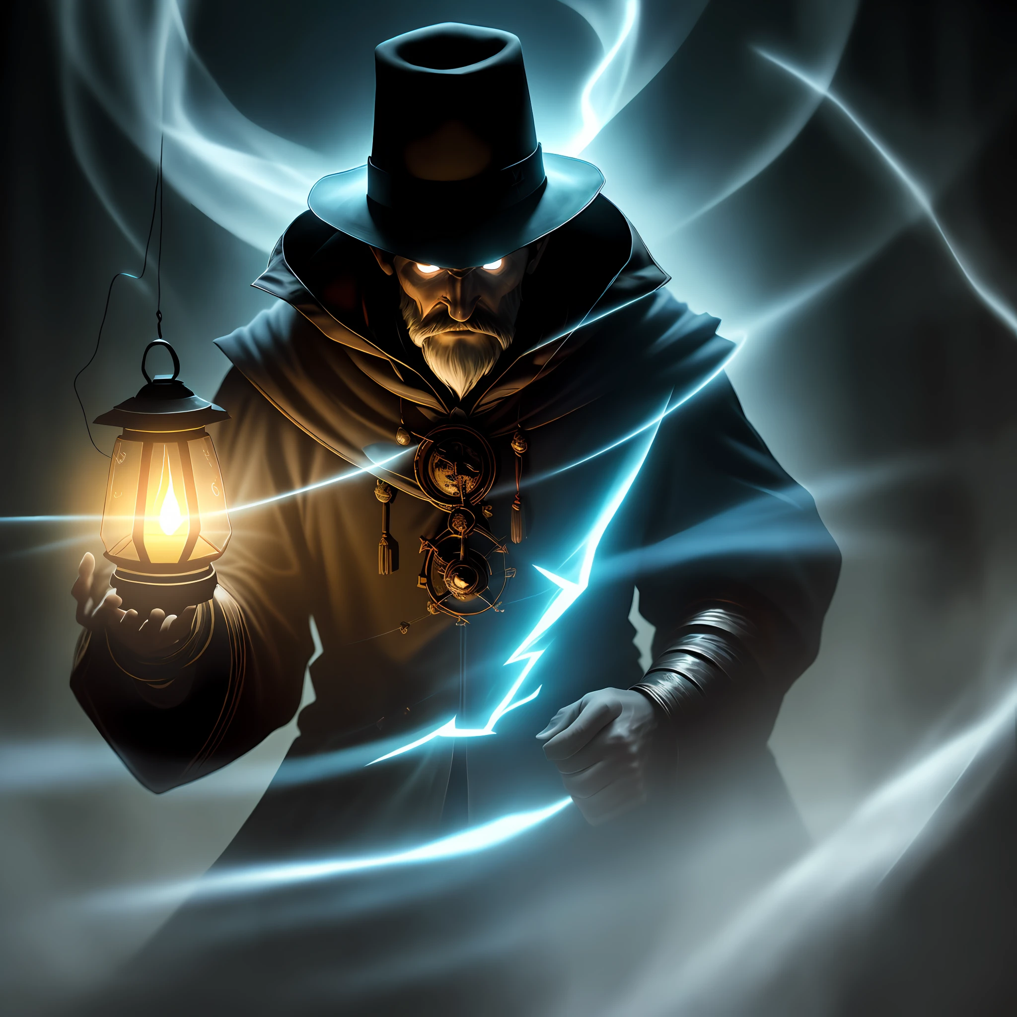 in the dark with a light on, lens flare. Occult photorealism, mysterious atmospheric lighting, the mysterious stranger, evil spirits wander with lanterns, mysterious man, medieval alchemist in the dark, volumetric lightening, creating a sinister presence, an arcane wizard casting a spell, cinematic lighting wizard's hat, mysterious lighting