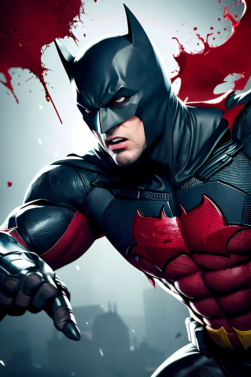 draw the Batman in an action scene with a lot of blood on his hands and mouth, blood on the ground because the scene is of Batman fighting several Cyberpunks at the behest of the villain Penguin, 64k,  illustration,  fingers,