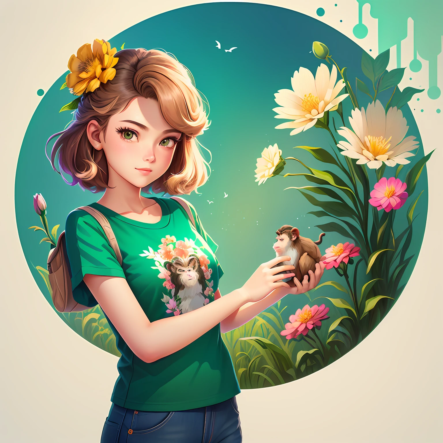 A detailed illustration a print of vintage monkey head, flowers splash, t-shirt design, in the style of Studio Ghibli, green flora pastel tetradic colors, 3D vector art, cute and quirky, fantasy art, watercolor effect, bokeh, Adobe Illustrator, hand-drawn, digital painting, low-poly, soft lighting, bird's-eye view, isometric style, retro aesthetic, focused on the character, 4K resolution, photorealistic rendering, using Cinema 4D