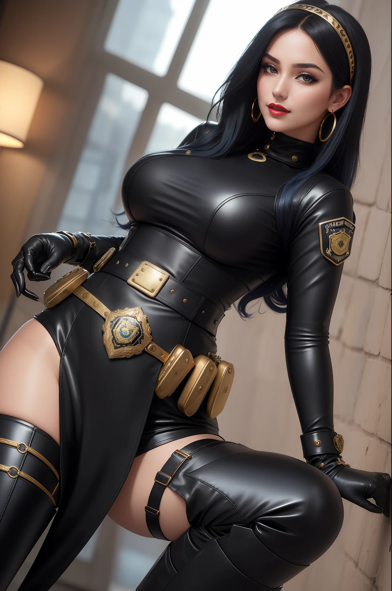 suzy super sexy gala, with long black hair at hip height, dressed as an FBI cop, with cap, red lipstick, wearing sunglasses, sucking on a lollipop, with a sensual expression, in an open police uniform showing her breasts, topless, solo, erotic, obscene, sexy, big tits, sexy belly, ((sexy_pose)) smiling wearing (transparent saree) lying in bed at midnight, full body (city, street, Times Square, long hair, photorealistic, 1girl, fighter, erotic pose, ), best quality, intricate details, looking at the viewer, ultra realistic 8k CG, perfect face, flawless, clean, masterpiece, professional artwork, famous art, cinematic lighting, cinematic flower, perfect face, beautiful face, beautiful eyes, ((perfect female body, narrow waist)), blurred background, boots, breasts, cowboy boots, cowboy, headgear, headband, crowd, depth of field, fingerless gloves, gloves, lacy gloves, large breasts, leather, leather gloves, looking at the viewer, toned body, sunlight, jewelry, (dynamic angle:1.2), (dynamic pose:1.2) lace, fish net, lace trim, hair ornament, gold necklace, earrings, bracelet, armband, ((dark blue hair, blue short-sleeved police uniform, Fitted design, gold trim, brass buttons, double chest, turtleneck, black and gold belt, black leather gloves, police badge, utility belt with pockets, handcuffs, ammunition, blue pants, knee-length black leather boots with gold details, robust and practical design))