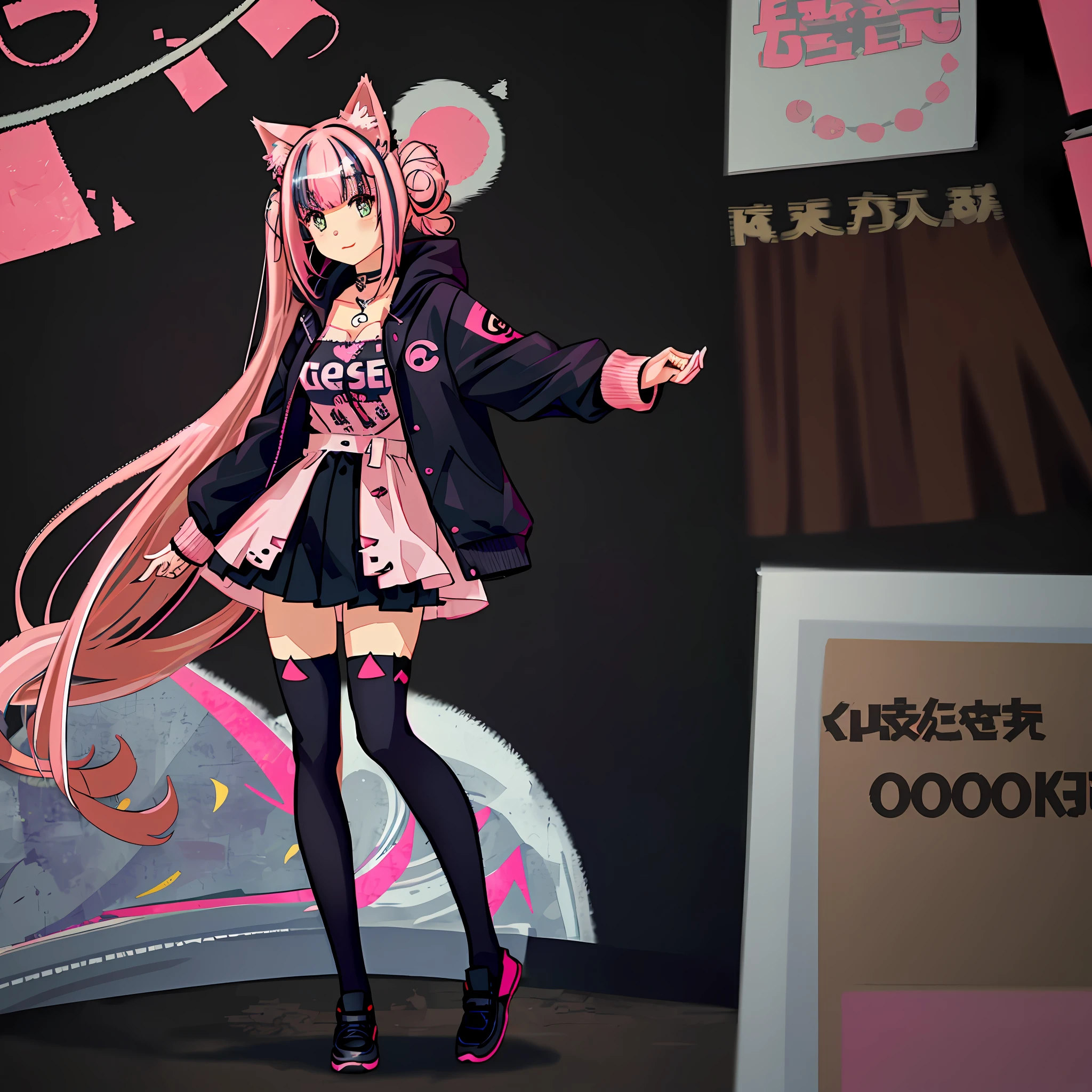 Masterpiece, best quality, neko girl, cat ears, pink hair, black streaked hair, ((1girl)), bun hairstyle, red varsity jacket, hoodie, skirt, thighhighs