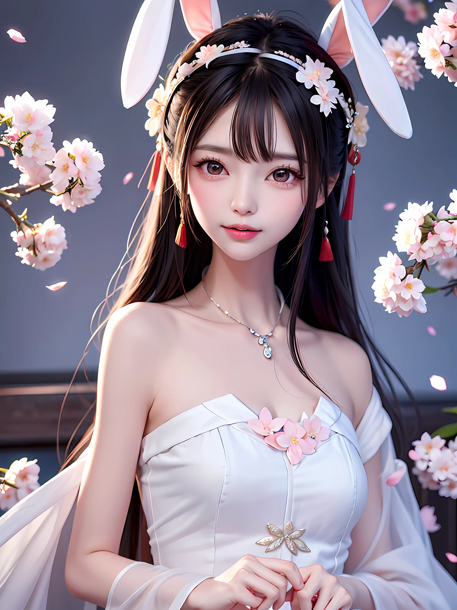 A gentle and lovely Chinese beautiful woman, delicate and sexy collarbone, charming goose egg face, double eyelids, smart peach blossom eyes, pink lips, small upturned nose, bare shoulders, focused face, close-up of face, ultra-high definition, super detail, full body photo, ultra-thin light transmission, optimal ratio of four fingers and one thumb, rabbit ears, falling cherry blossoms and ice, falling petals