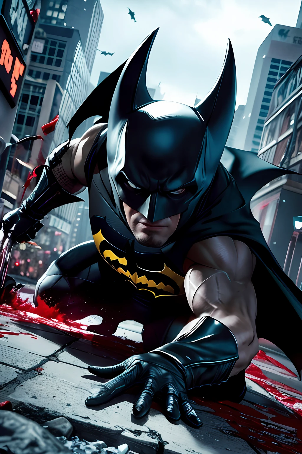 draw the Batman in an action scene with a lot of blood on his hands and mouth, blood on the ground because the scene is of Batman fighting several Cyberpunks at the behest of the villain Penguin, 64k, illustration, fingers,