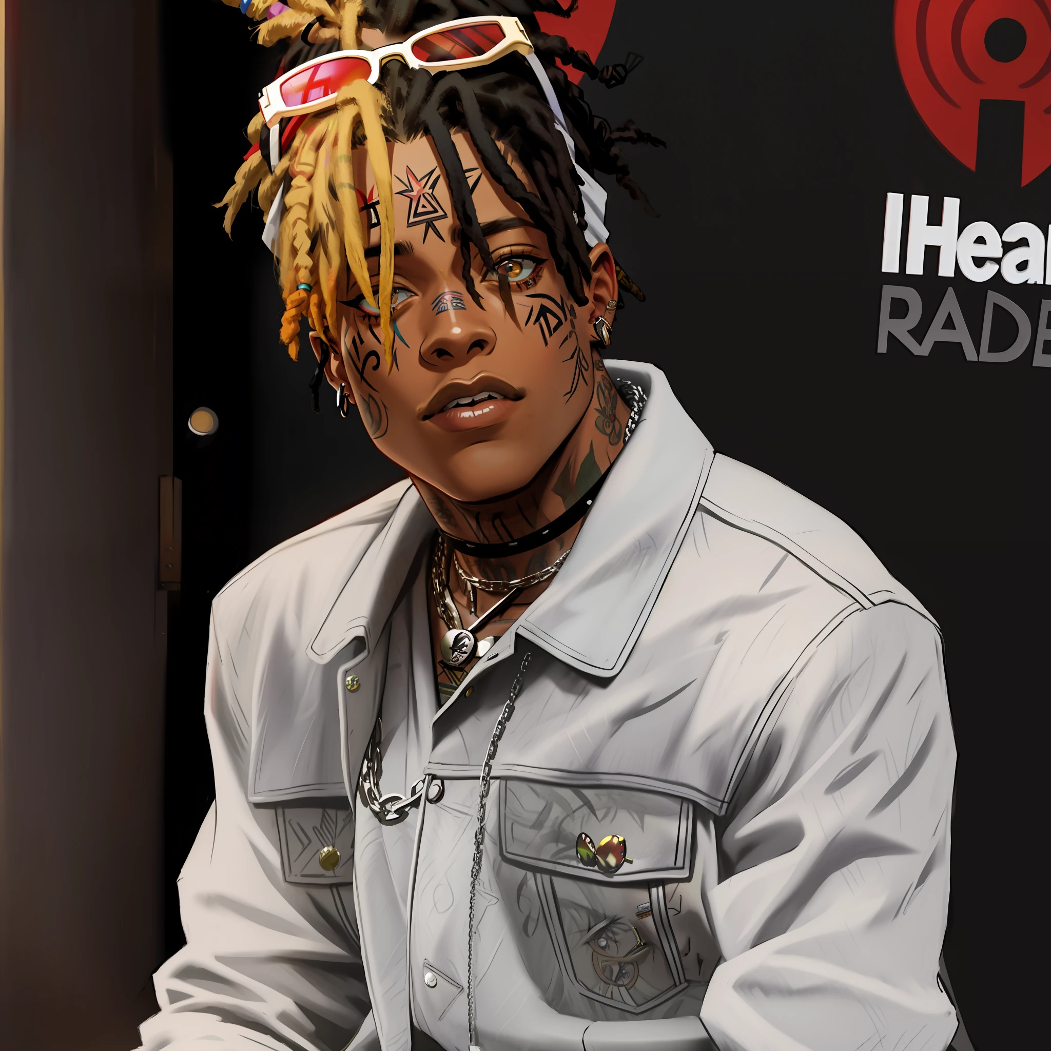 Araffe with dreadlocks and sunglasses sitting in front of a microphone, xxxtentacion, Trippie Redd, Playboi Carti, rapper jewelry, lit sideways, Wiz Khalifa, sicko, Lil Uzi Vert, portrait, in the style of Tyler Mitchell, wearing a bandana and chain