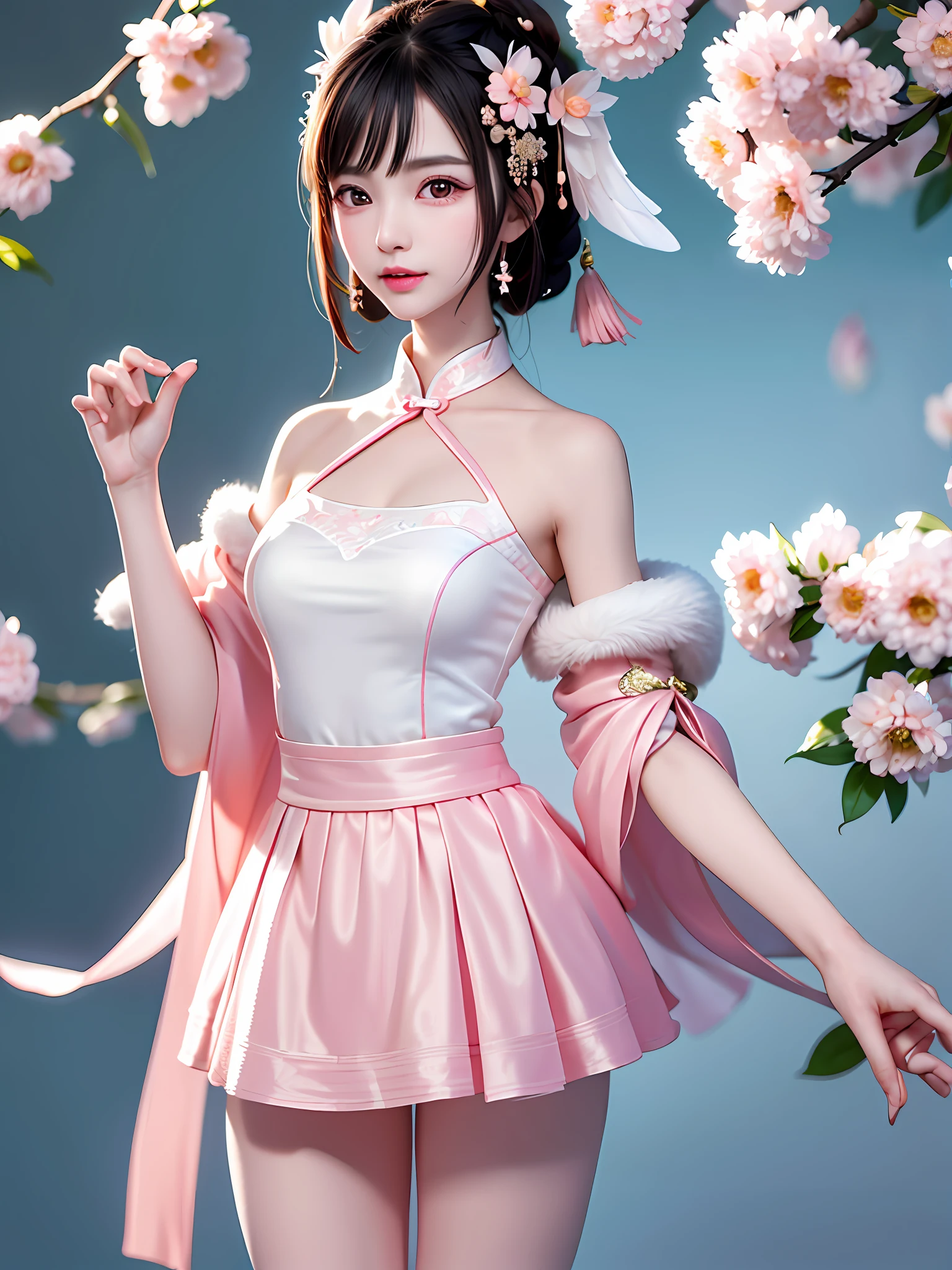 A gentle and lovely Chinese beautiful woman, delicate and sexy collarbone, charming goose egg face, double eyelids, smart peach blossom eyes, pink lips, small upturned nose, bare shoulders, focused face, face close-up, ultra HD, super detail, full body photo, ultra-thin light transmission optimal ratio four fingers and one thumb, JK miniskirt