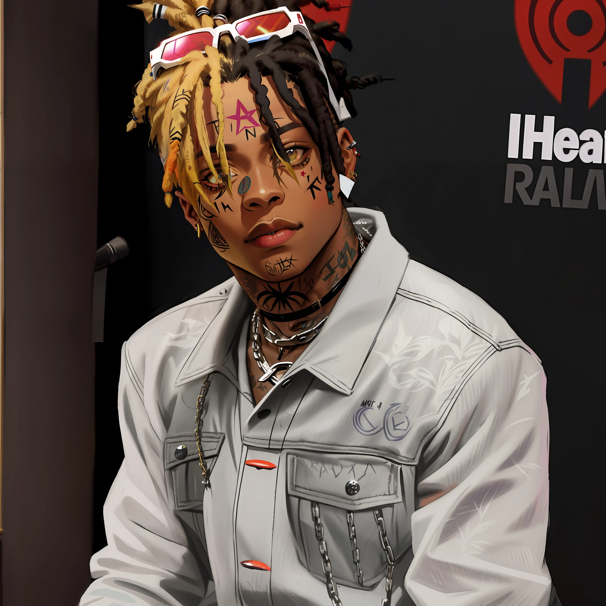 Araffe with dreadlocks and sunglasses sitting in front of a microphone, xxxtentacion, Trippie Redd, Playboi Carti, rapper jewelry, lit sideways, Wiz Khalifa, sicko, Lil Uzi Vert, portrait, in the style of Tyler Mitchell, wearing a bandana and chain