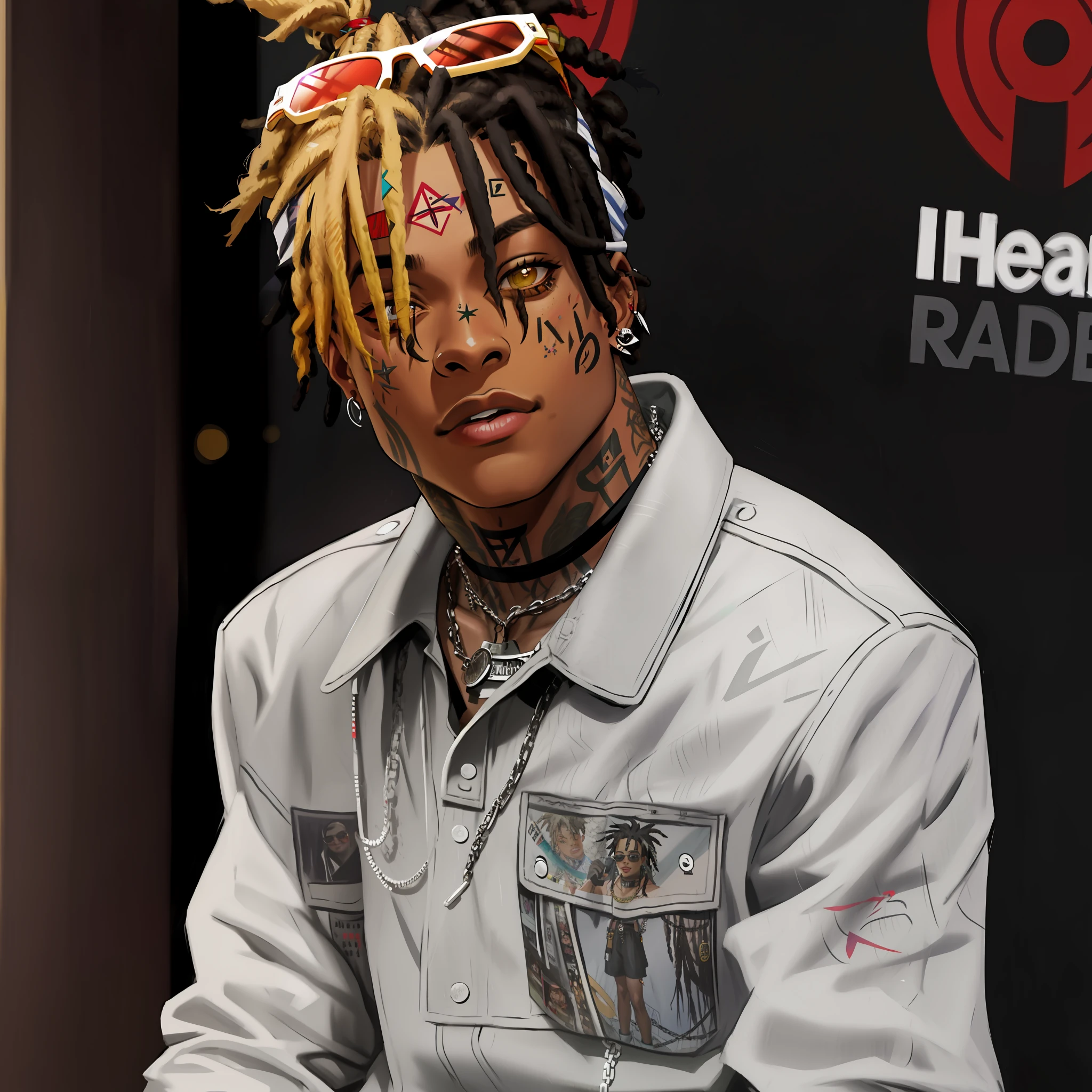 Araffe with dreadlocks and sunglasses sitting in front of a microphone, xxxtentacion, Trippie Redd, Playboi Carti, rapper jewelry, lit sideways, Wiz Khalifa, sicko, Lil Uzi Vert, portrait, in the style of Tyler Mitchell, wearing a bandana and chain