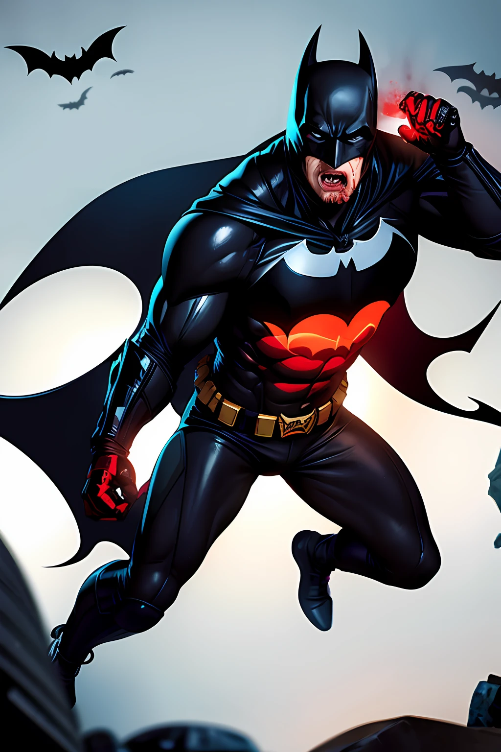 draw the Batman in an action scene with a lot of blood on his hands and mouth, blood on the ground because the scene is of Batman fighting several Cyberpunks at the behest of the villain Penguin, 64k, illustration, fingers,