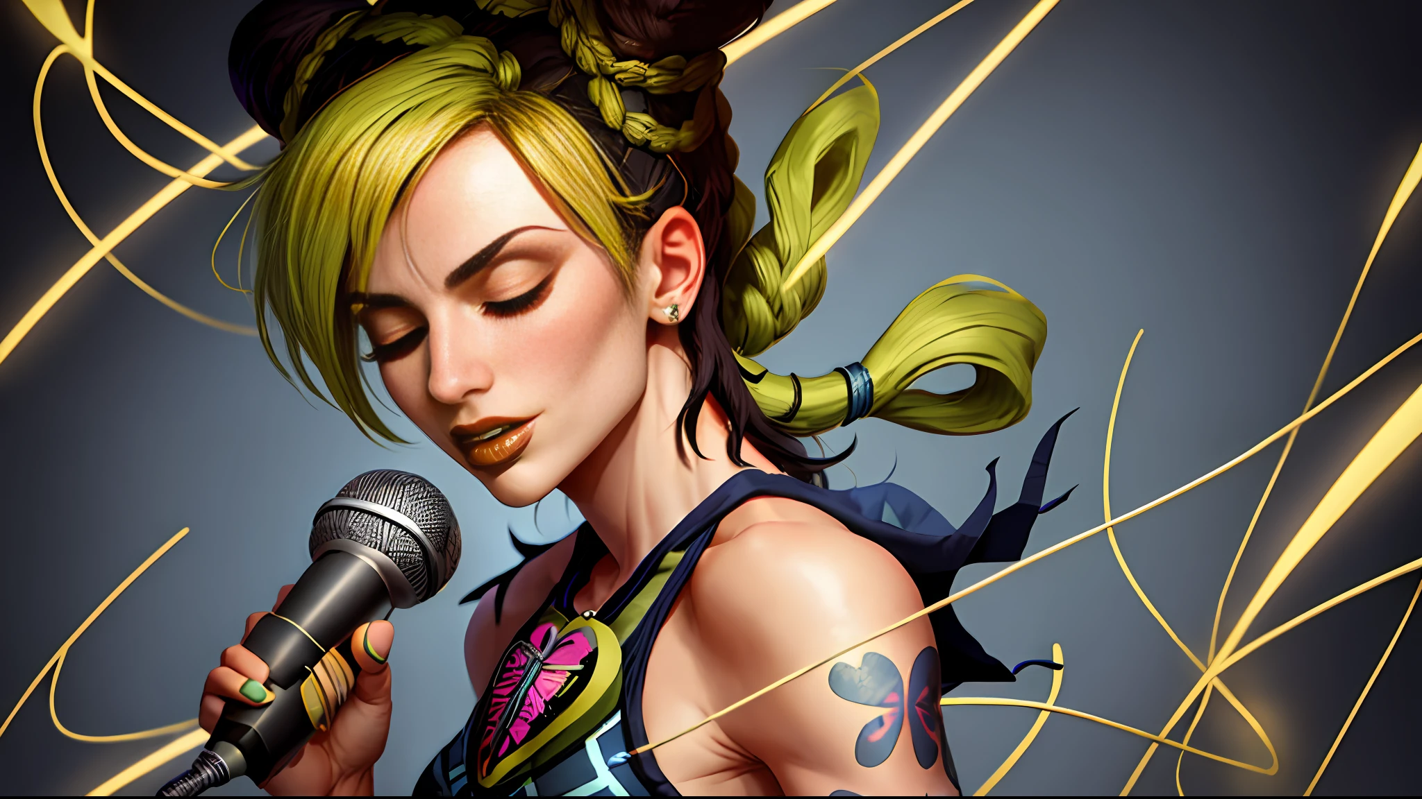 Jolyne de Jojojo’s Bizzare Adventure singing with a microphone in a dark background, one person, crying with eyes closed, fire in the background, one girl,