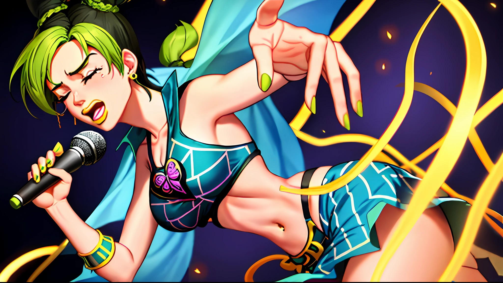 Jolyne de Jojojo’s Bizzare Adventure singing with a microphone in a dark background, one person, crying with eyes closed, fire in the background