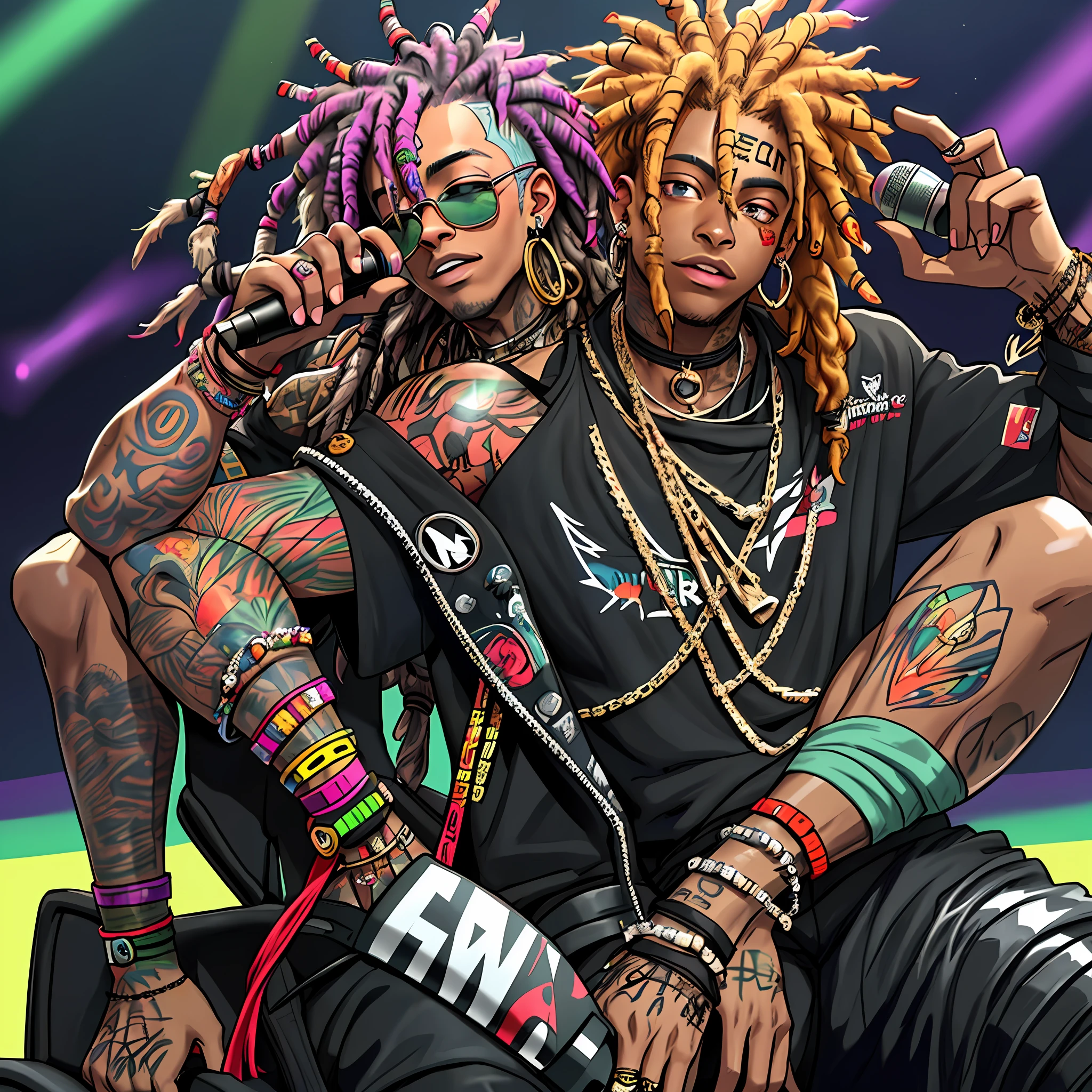 araffe with dreadlocks and sunglasses sitting in front of a microphone, xxxtentacion, trippie redd, taken in the early 2020s, playboi carti, rapper jewelry, lit from the side, wiz khalifa, sicko, lil uzi vert, playboi carti portrait, in style of tyler mitchell, wearing a bandana and chain
