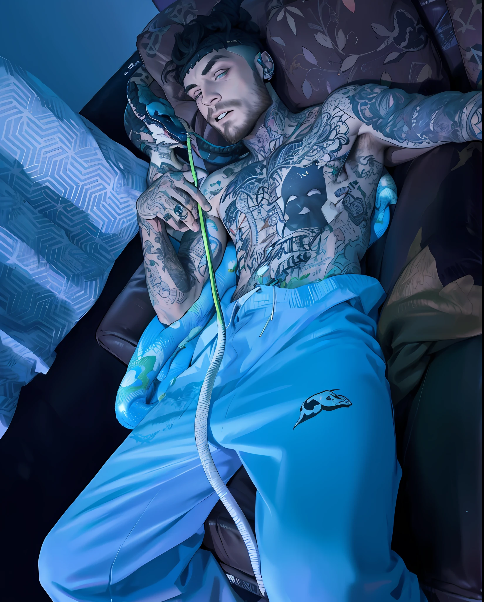 tattooed man laying on a couch with a snake in his hand, lil peep, lower half of his body is snake, taken in 2 0 2 0, yung lean, fully tattooed body, post malone, the last portrait of mac miller, sick, full body tattoo, inspired by Elsa Bleda, taken in 2022, ✏️🎨