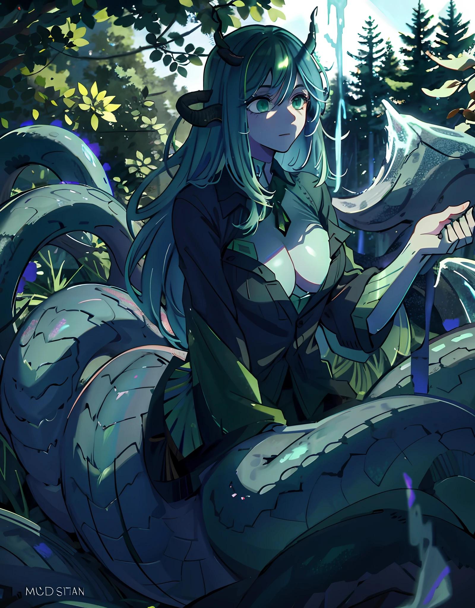 detailed snake skin, (Adult ), solo focus, (lamia), stoic, monster girl, (short horns), beautiful eyes, beautiful background, abandoned cabin, forest, light particles, sun rays, dramatic lighting, outside, grass, leaves, shiny (black, blue, green gradient:1.5), realistic, masterpiece, best quality, ultra-detailed, detailed, scenery, beautiful detailed eyes, detailed hair, woman, 1woman, solo, large breasts, full body, lamia, snake lower half, bra, cleavage, revealing