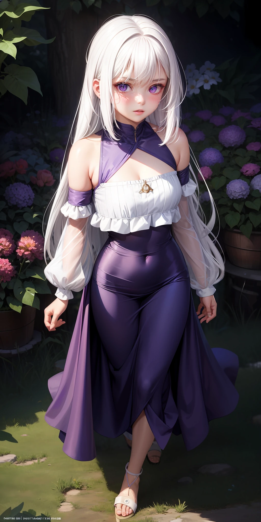 realistic, 1girl, white hair, small chest, purple eyes, glowing eyes, crop top, wearing small long dress, unconcerned, parted lips, blush, in the garden,