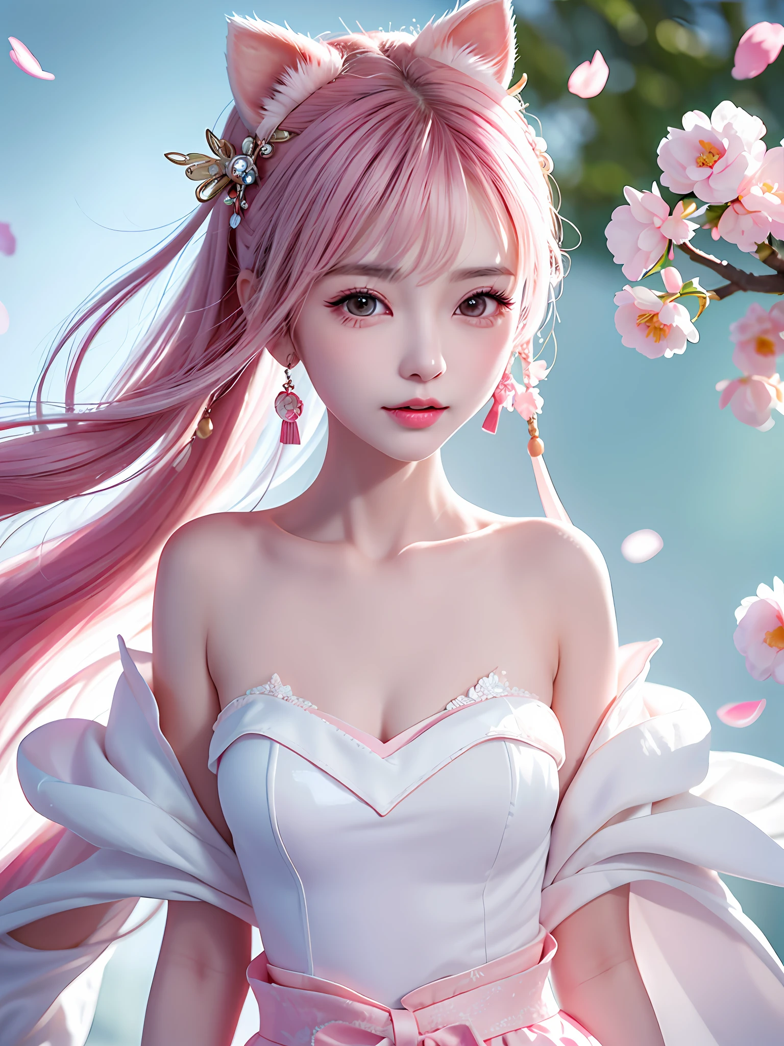 A gentle and lovely Chinese beautiful woman, delicate and sexy collarbone, charming goose egg face, double eyelids, smart peach blossom eyes, pink lips, small upturned nose, bare shoulders, focused face, face close-up, ultra HD, super detail, full body photo, ultra-thin translucency, cat ears, falling petals, pink hair