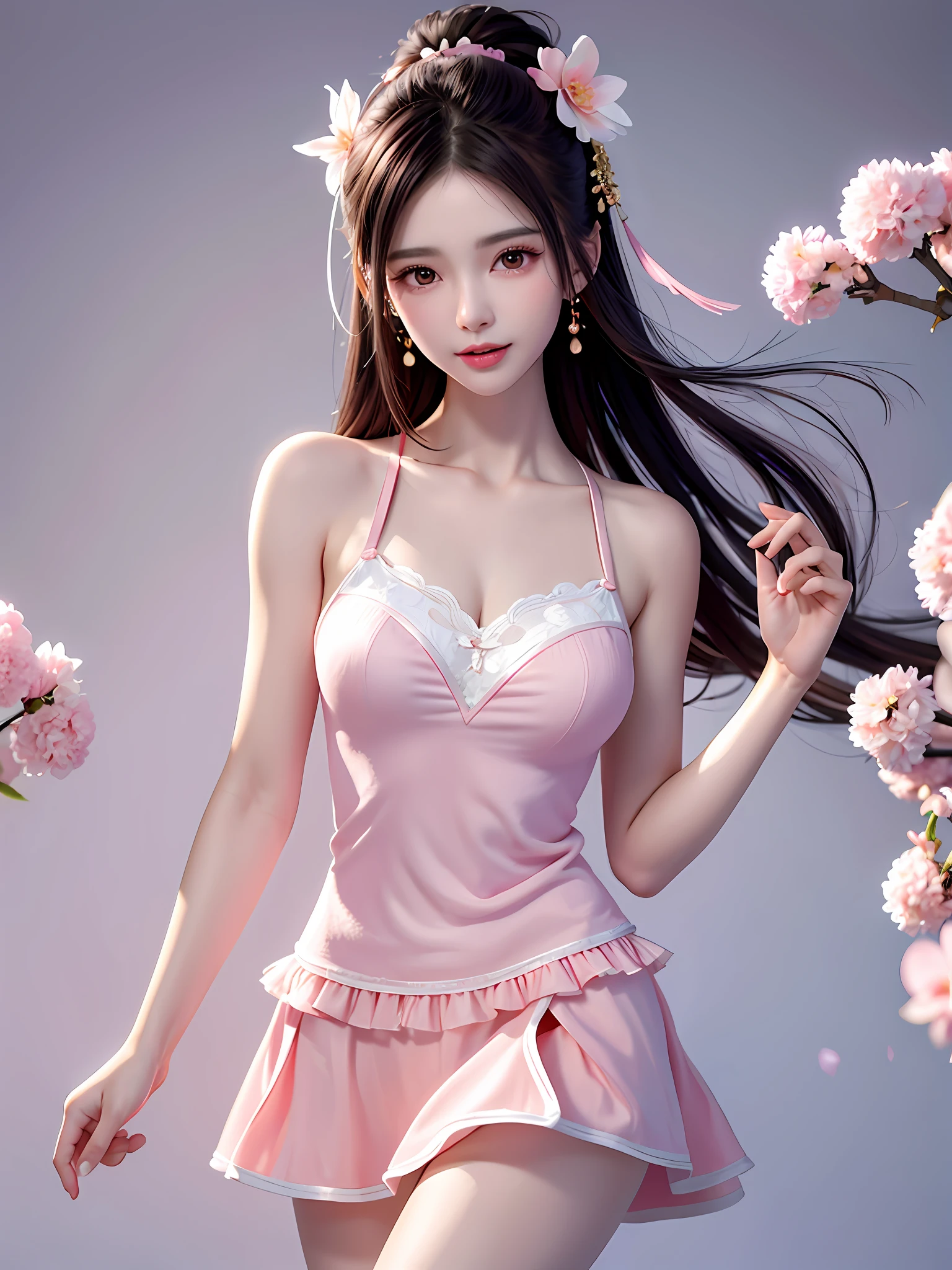 A gentle and lovely Chinese beautiful woman, delicate and sexy collarbone, charming goose egg face, double eyelids, smart peach blossom eyes, pink lips, small upturned nose, bare shoulders, focused face, face close-up, ultra HD, super detail, full body photo, ultra-thin light transmission optimal ratio four fingers and one thumb, JK miniskirt, pink panties, pink underwear