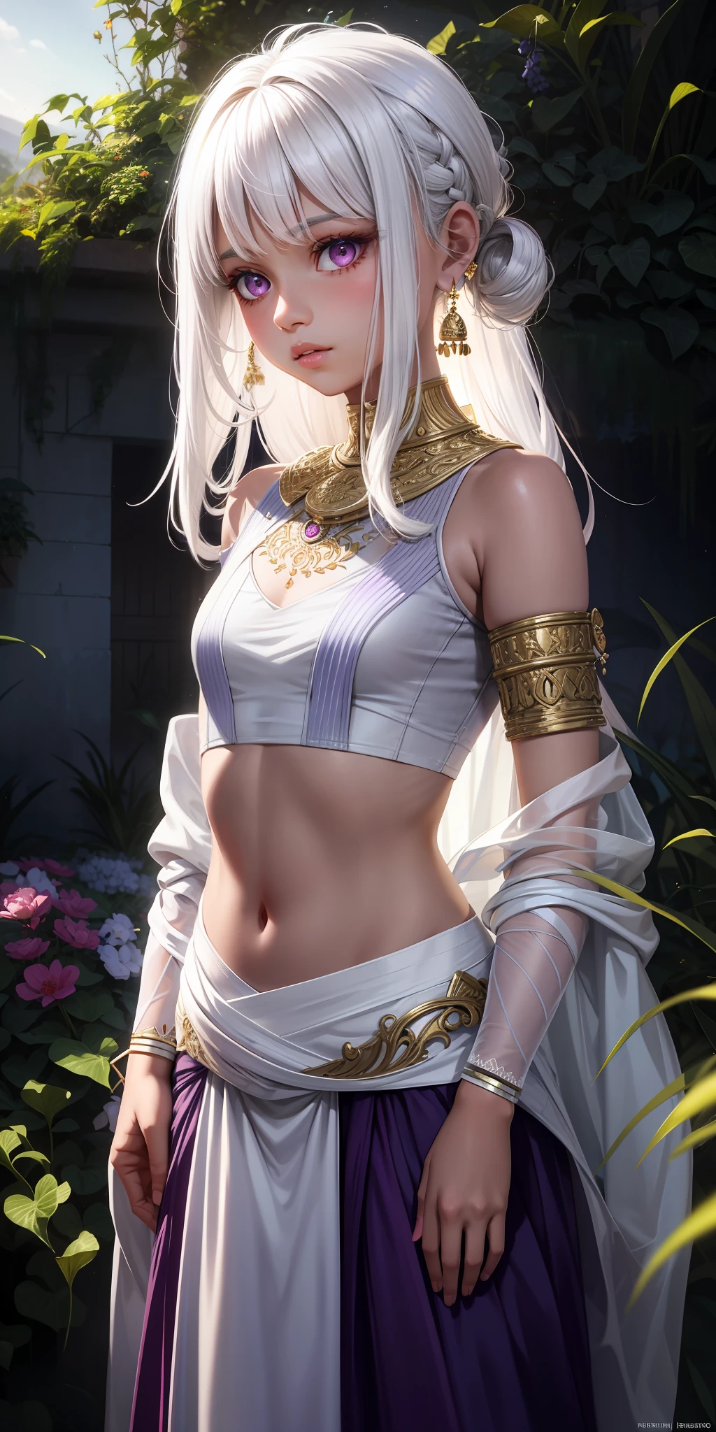 realistic, 1 Indian girl, white hair, small chest, purple eyes, glowing eyes, crop top, wearing small long dress, unconcerned, parted lips, sexy, blush, in the garden,