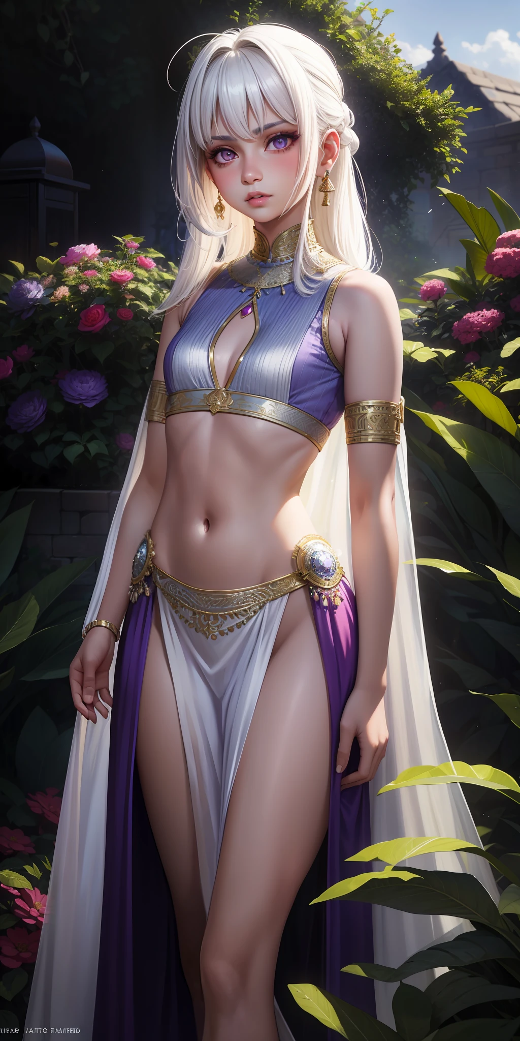 realistic, 1 Indian girl, white hair, small chest, purple eyes, glowing eyes, crop top, wearing small long dress, unconcerned, parted lips, sexy, blush, in the garden,