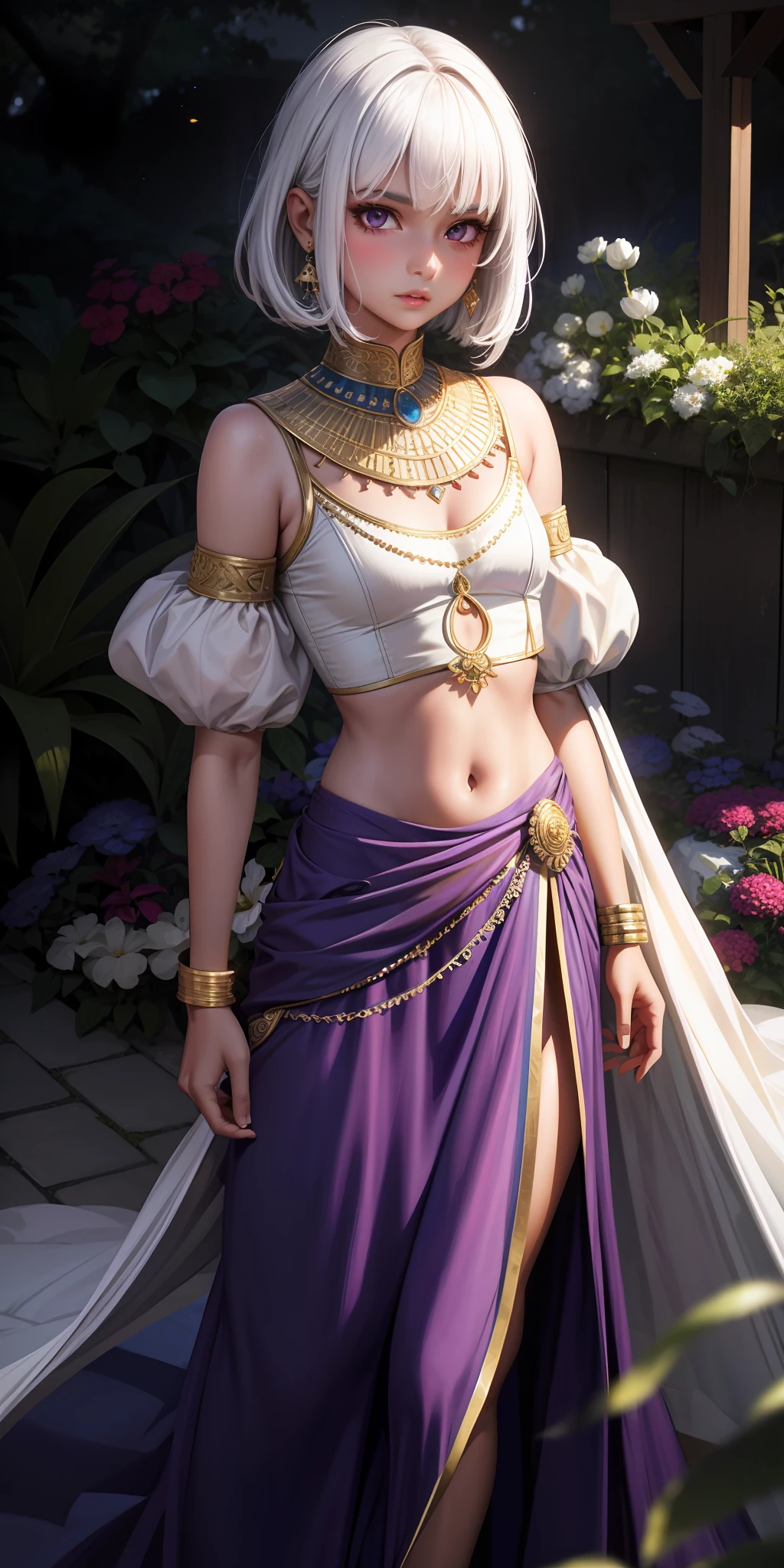 realistic, 1 Indian girl, white hair, small chest, purple eyes, glowing eyes, crop top, wearing small long dress, unconcerned, parted lips, sexy, blush, in the garden,