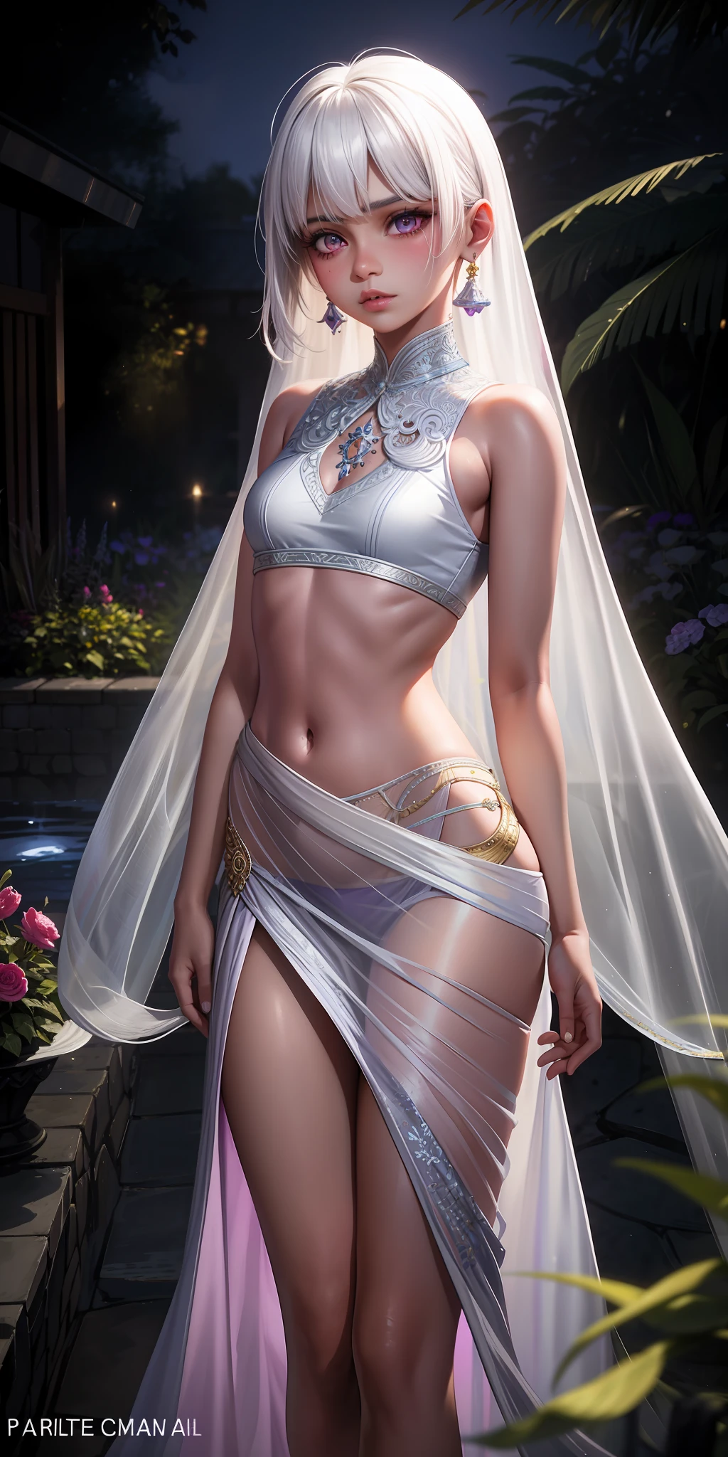 realistic, 1 Indian girl, white hair, small chest, purple eyes, glowing eyes, crop top, wearing small long wet dress, unconcerned, parted lips, sexy, blush, in the garden,