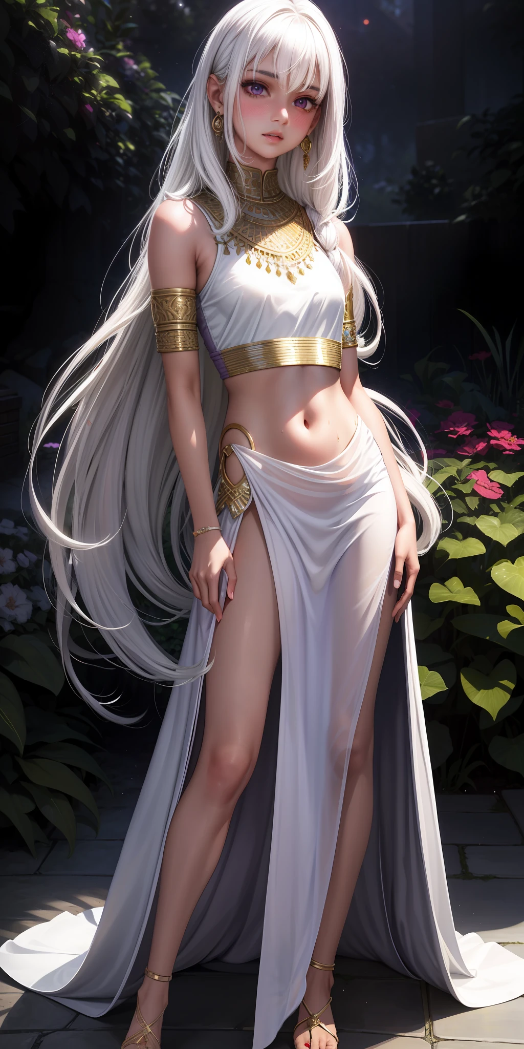realistic, 1 Indian girl, white hair, small chest,  purple eyes, glowing eyes, crop top, wearing small long wet dress, unconcerned, parted lips, sexy, blush, in the garden,