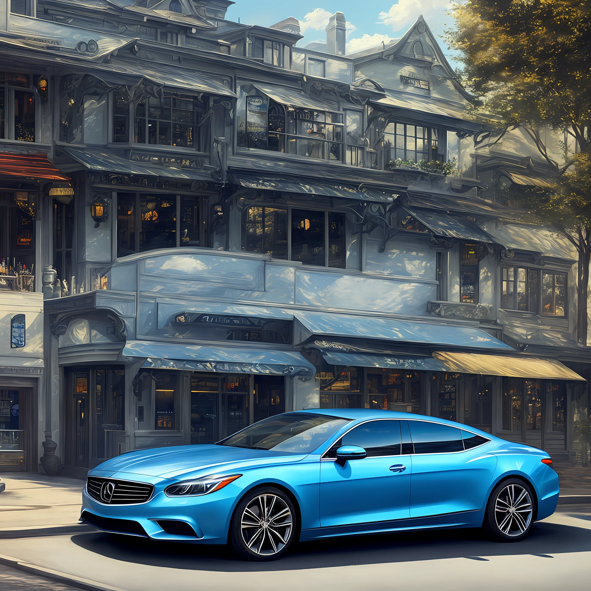 highly detailed, sleek luxury car parked near a bar, realistic painting, by Charles Gregory and Antonio Jacobsen and Edward Moran, (long shot), clear blue sky, intricated details