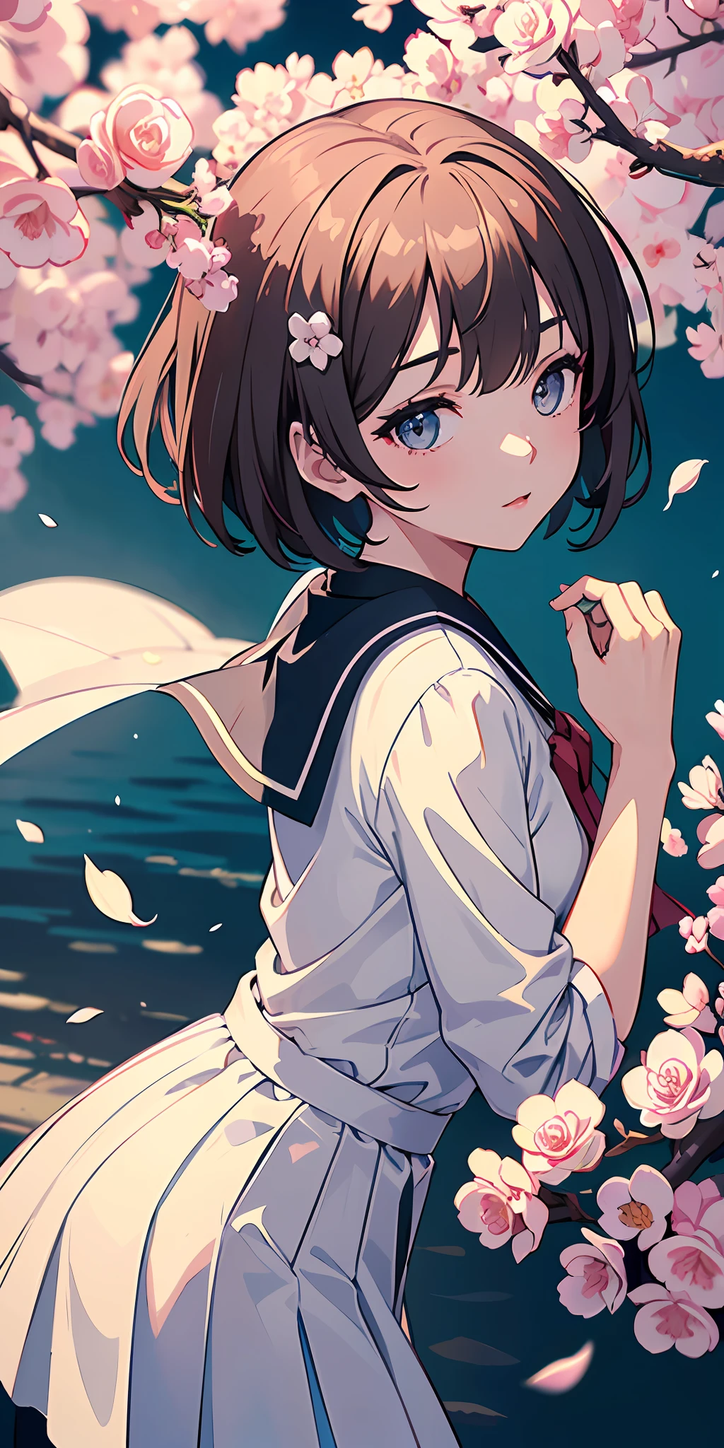 (8k best quality, masterpiece:1.2), (impeccable illustration desinger), (eye details:1.2), (delicate face and features), (extremely detailed background scenery 8k CG wallpaper), cinematic and artistic tones, soft and subtle pastel colors, in a beautiful environment and with rose petals flying with the Sakura tree wind, 1pretty girl with short hair stuck and with bangs, wearing a school uniform, in an artistic and three-dimensional cinematic lighting.